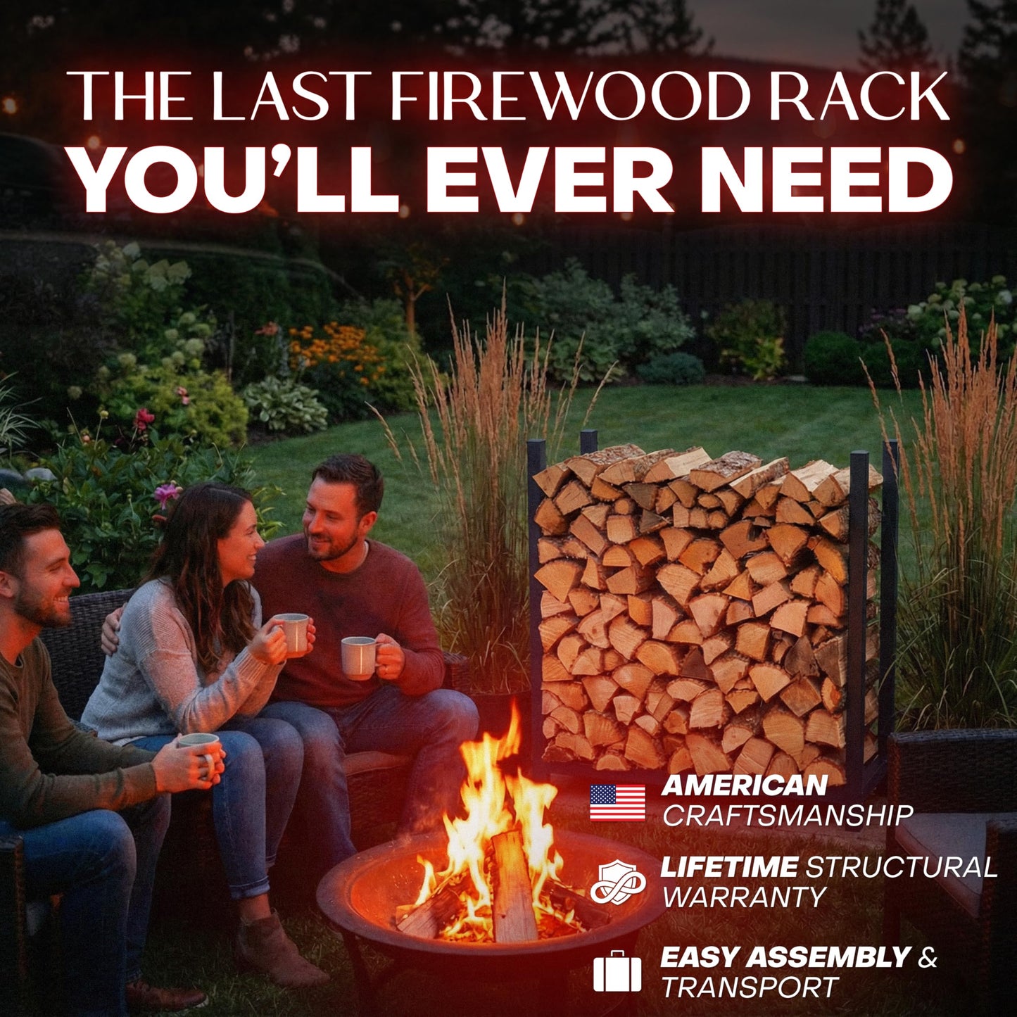 Woodhaven 3-Foot Firewood Rack – Made in USA – 1/8 Cord Raised Lumber Storage Rack – Keeps Wood Dry & Ready – Heavy-Duty Steel, Lifetime Structural Warranty (Without Cover)