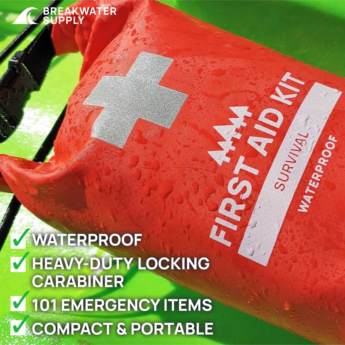 Breakwater Supply™ Waterproof Survival First Aid Kit, 101 Piece AFAK Emergency Supplies in Dry Bag, IFAK Trauma Kit Bug Out Bag for Camping, Hiking, Boating, Fishing, Hunting with Splint (Red)