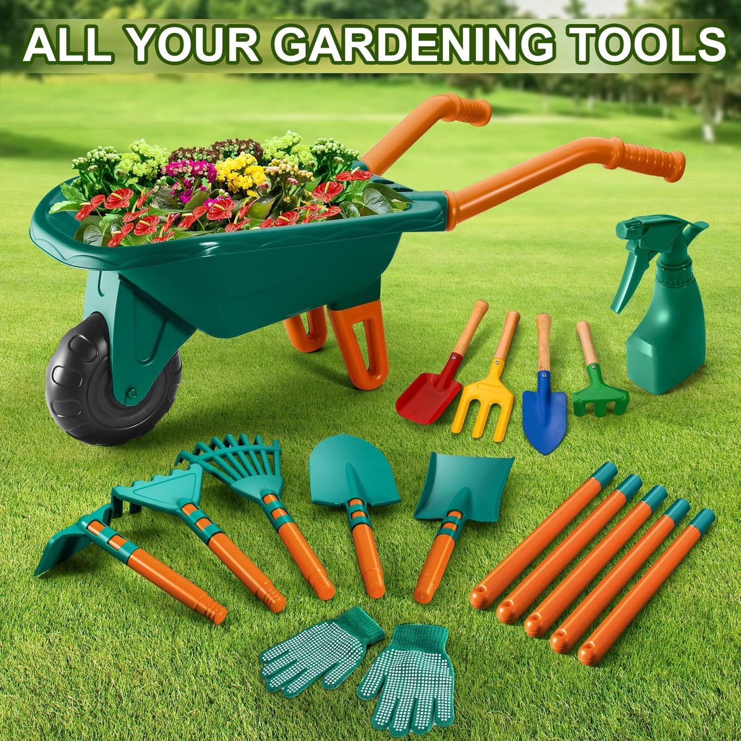 HOSPONY Kids Gardening Set-Kids Gardening Tools Wheelbarrow Set with Shovel, Leaf Rake, Gloves, Spray Bottle-Toddler Gardening Set Play Outdoor Educational STEM Learning for Boys Girls Age 3+