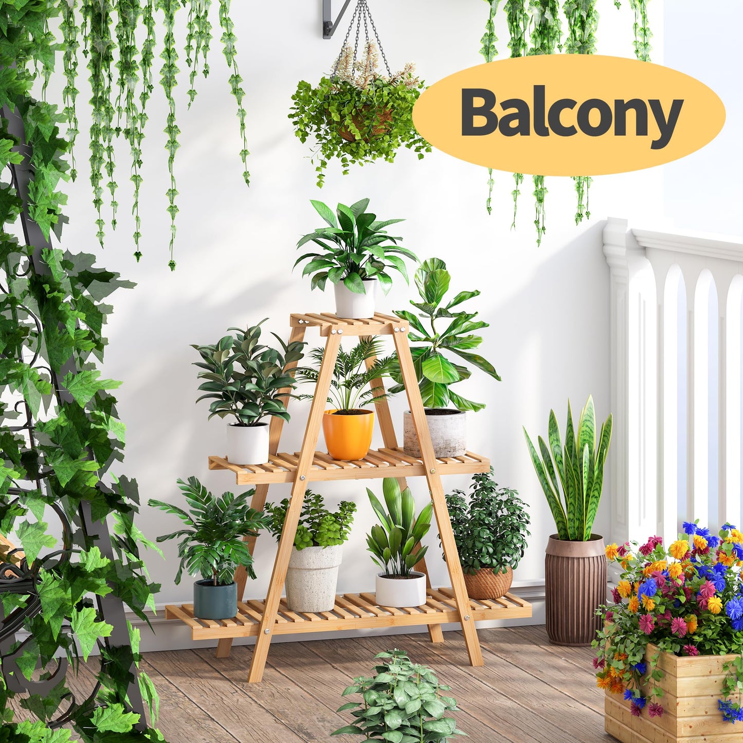Furshus Bamboo Plant Stand - Indoor/Outdoor 3 Tier Plant Ladder, 8 Potted Flower Holder, Natural