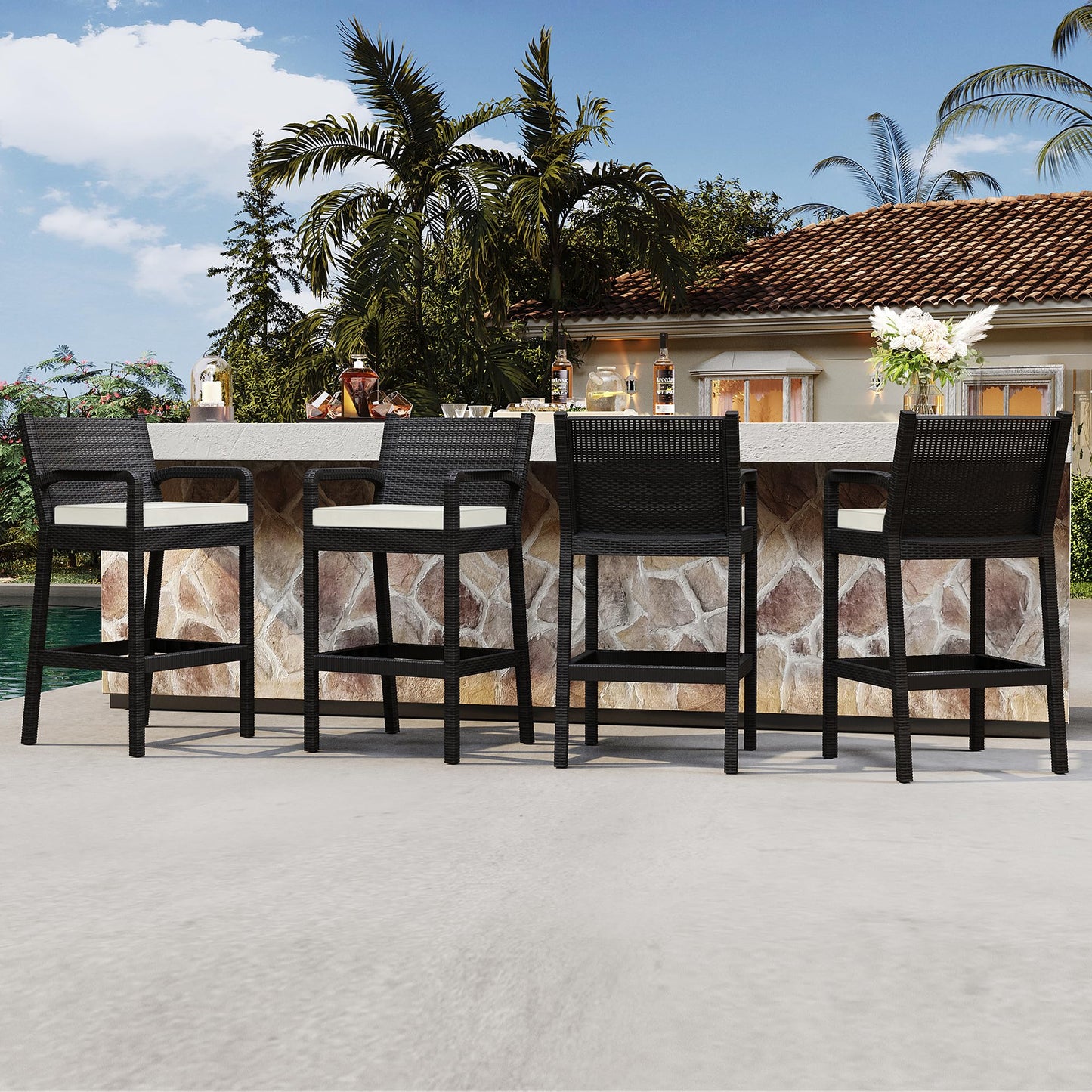 Patio Wicker Bar Stools Set of 4, 30'' Outdoor Counter Height Barstools with Thickened Cushions, All-Weather Wicker Rattan Bar Chairs with Backrest & Footrest for Backyard, Pool, Balcony, Beige