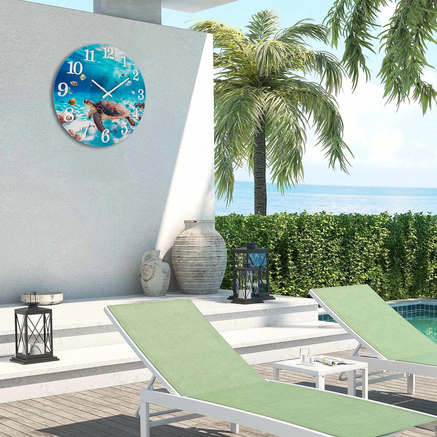 Yoiolclc Outdoor Clock Waterproof Ocean Nautical Wall Clocks for Patio Pool Garden Bathroom Home Decor(12 Inch,Blue,Sea Turtle)