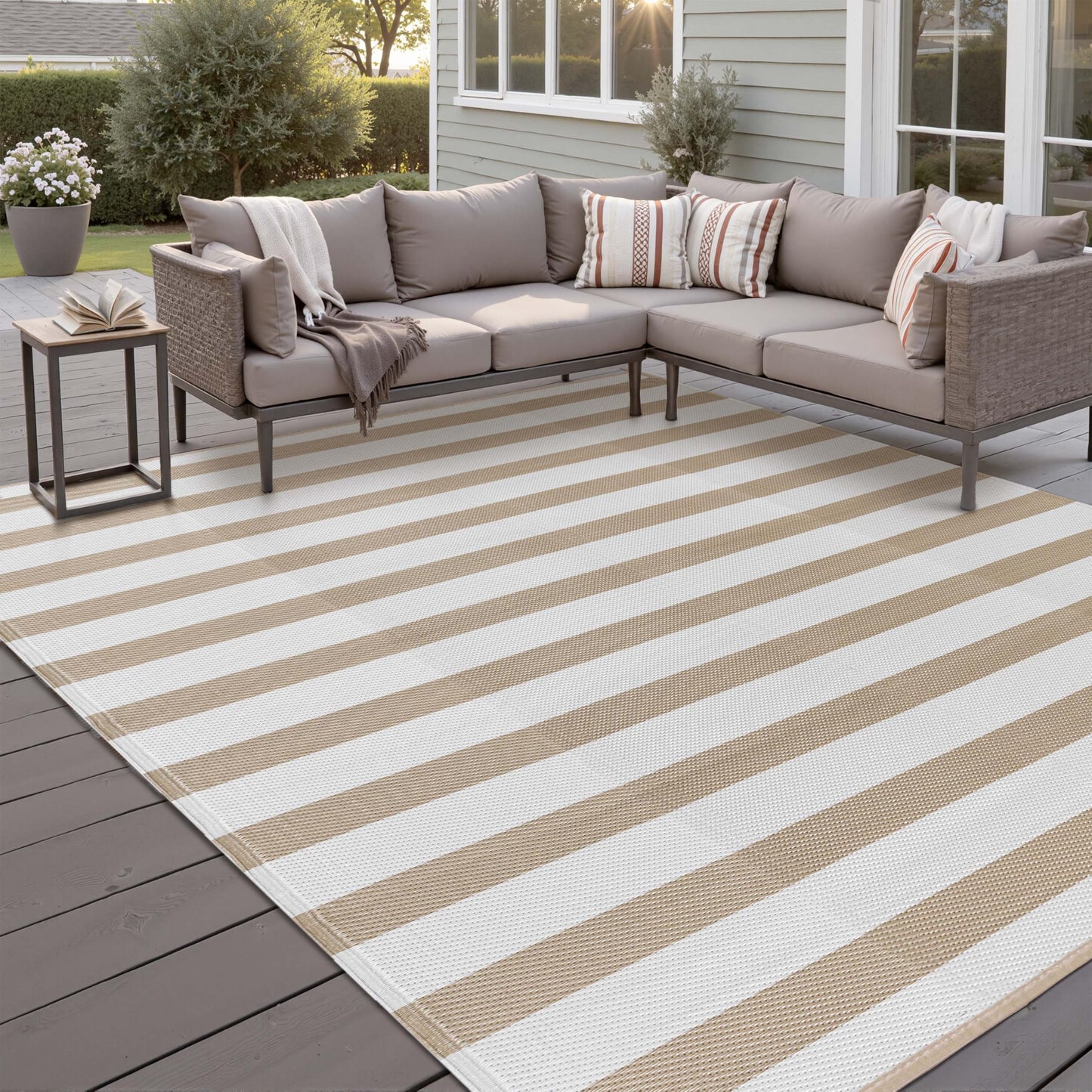 PureCozy Outdoor Waterproof Patio Rug 9x12 Plastic Straw Reversible Lightweight Outside Beige Striped Large Carpet Outdoor for Camping RV Porch Deck Balcony Beach