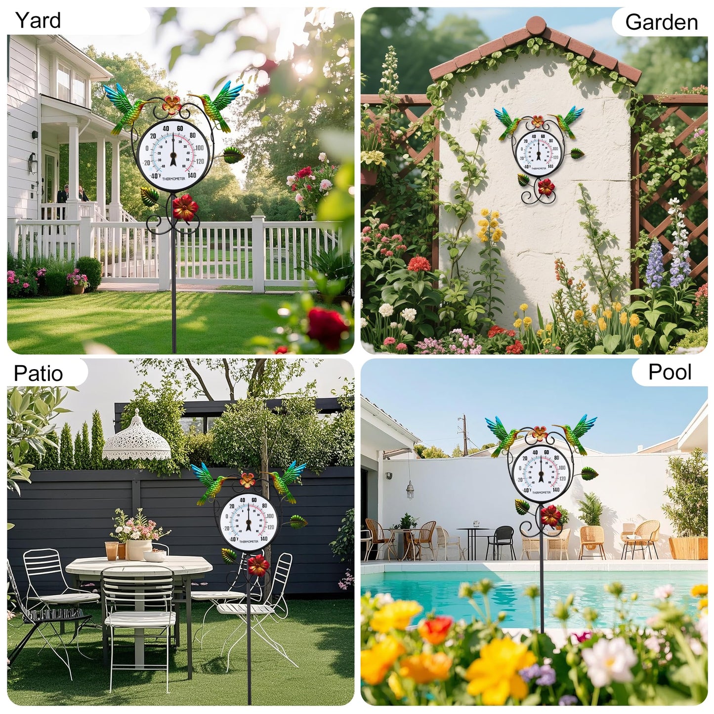 Hummingbird Outdoor Thermometer with Stake Waterproof - Hanging Wall Indoor Outside Thermometer for Patio Garden Yard Porch Room Decor, Easy to Read No Battery Required