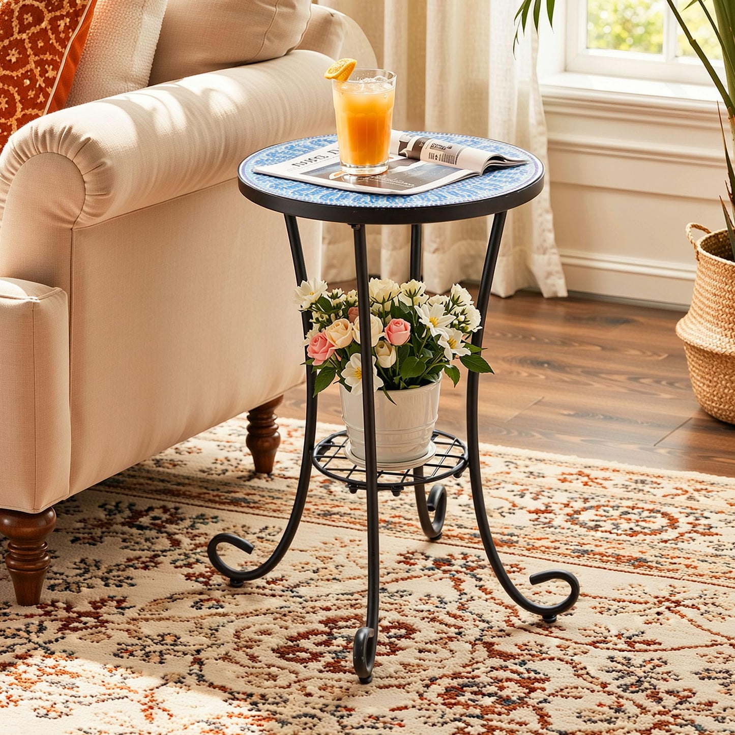 Ultym Side Table Outdoor, Mosaic Patio Table with Planter Stand, 22" H Iron Coffee End Table,Weather Resistant Tile Top Metal Drink Bar Table for Indoor Garden Balcony Yard Bistro Balcony