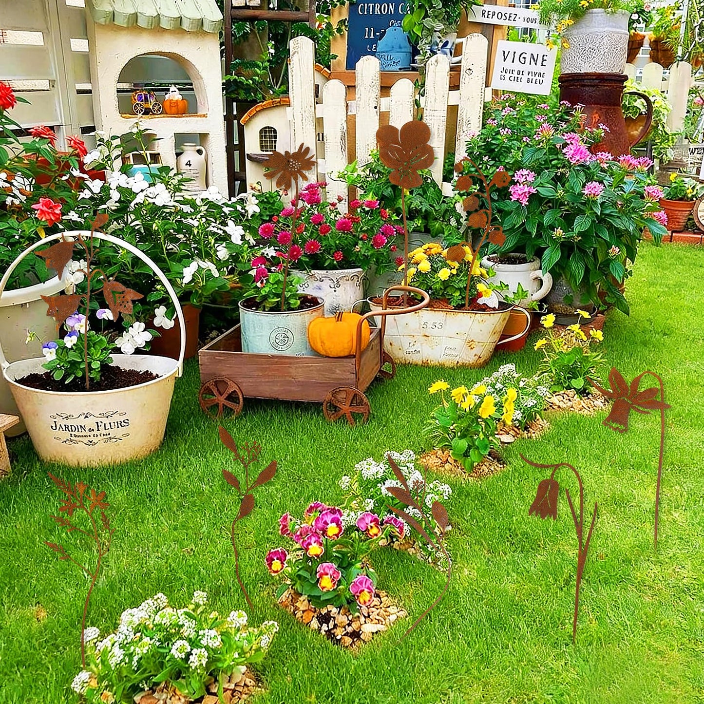RumonZS 9 Pcs Rusty Metal Flowers Rustic Spring Plants Rusty Metal Garden Stakes Decor for Outside Yard Art Decorative Garden Stakes Potted Plants Lawn Yard Walkway and Flower Garden