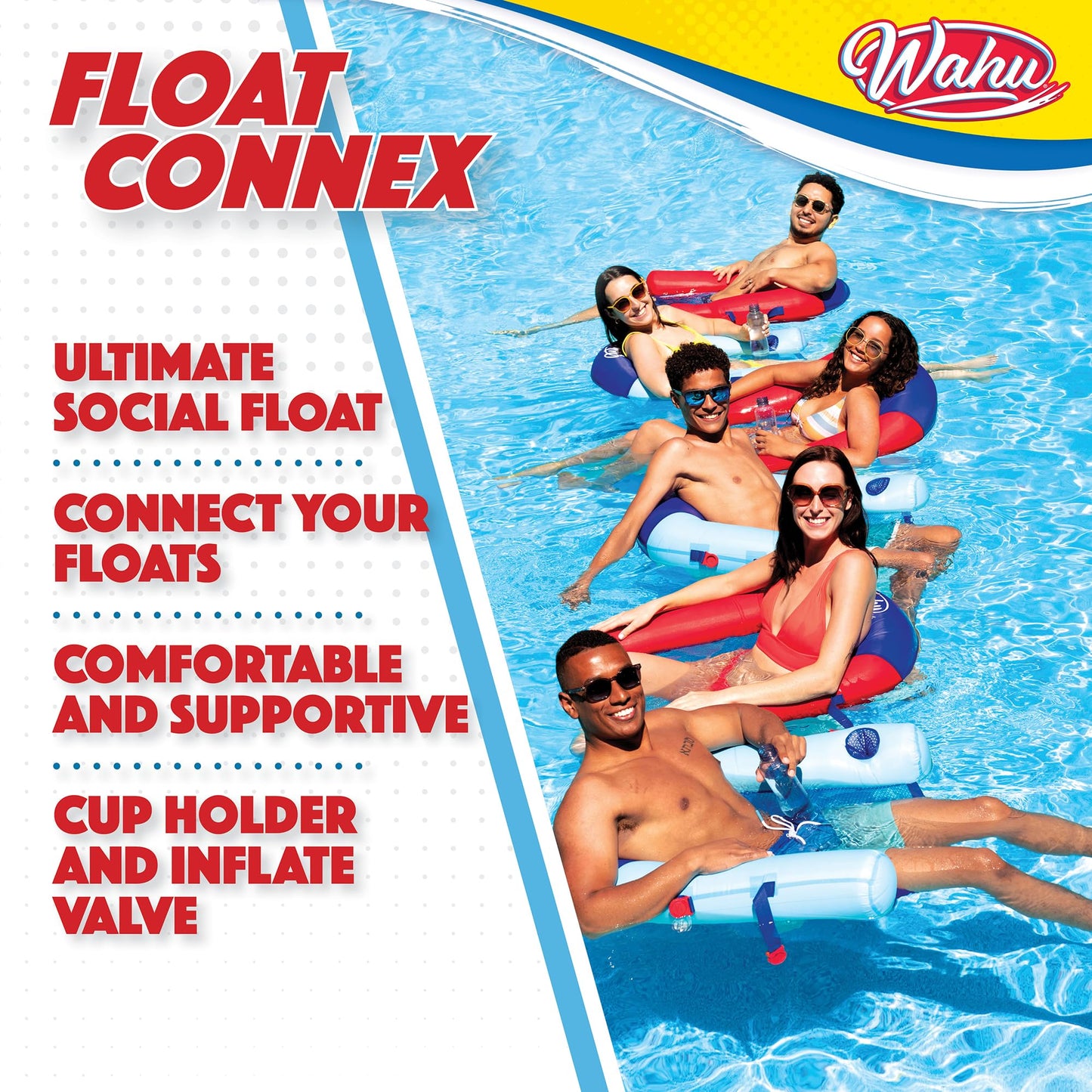 WAHU Float Connex Aqua Pool Seat with Connex Clips, Cupholder, and Inflate Valve, Inflatable Pool Float Chair for Adults and Kids Ages 8+, Blue/Red