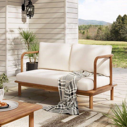 Christopher Knight Home Canape Acacia Wood Patio Loveseat Sofa with Cushion, Outdoor 2-Seater Sofa with Removable Cushions, Solid Wood Patio Furniture Set, Teak+Beige