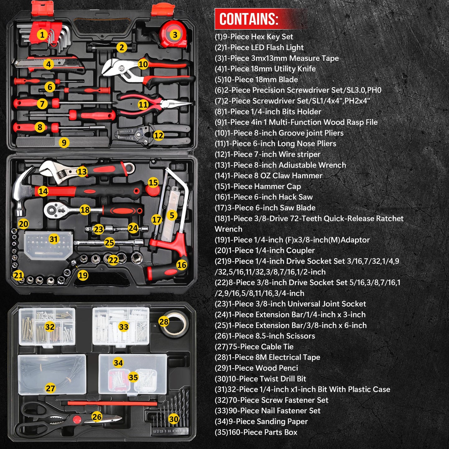 winturbor 500-Piece Home Repair Tool Set with Drawer Toolbox – Comprehensive Household & Auto Maintenance Kit for DIY Enthusiasts, Homeowner, Handyman (500 PCS Black+Red)