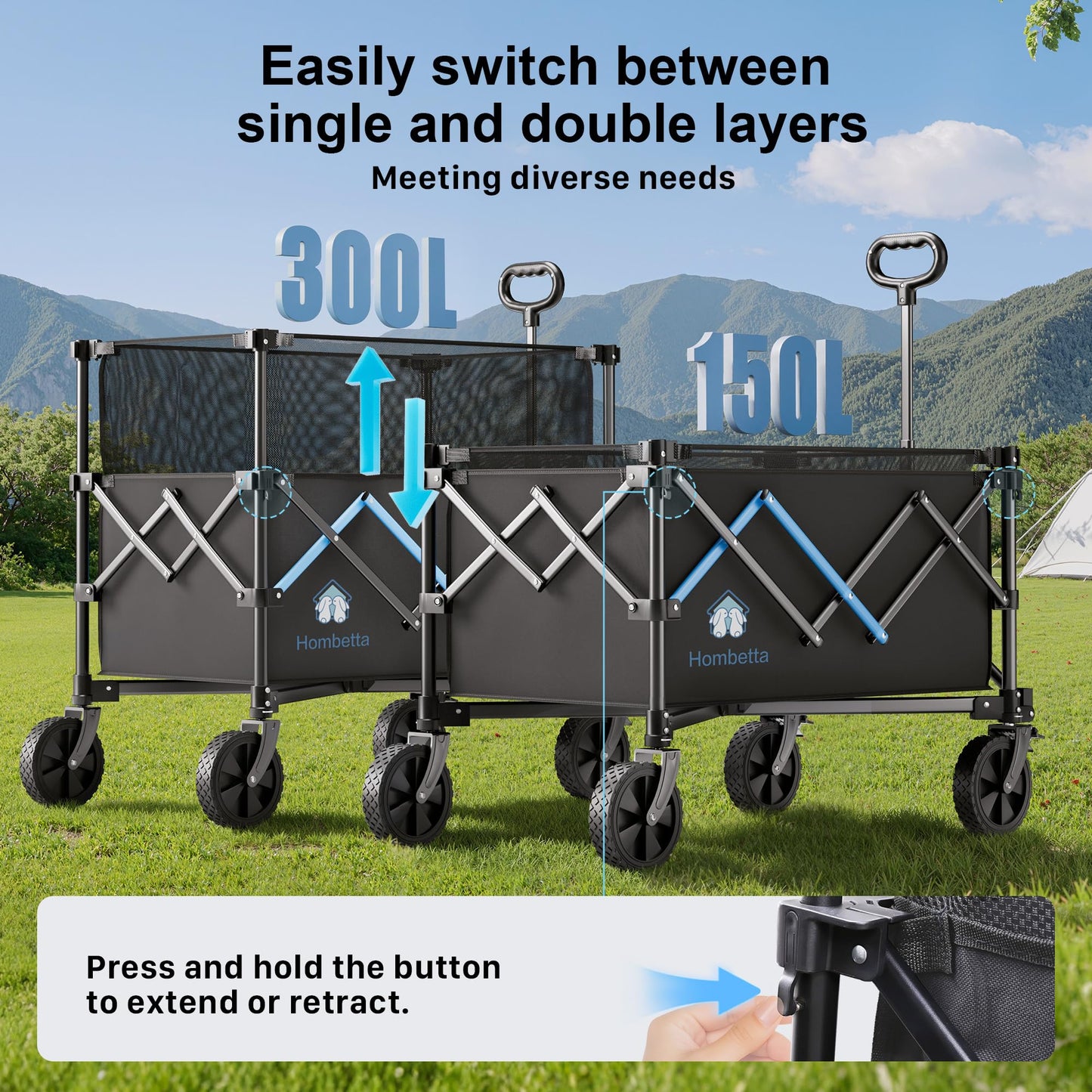 HOMBETTA 39" Collapsible Wagon Cart, 450 lbs Heavy Duty Folding Wagon with Brakes, Adjustable 150L-300L Utility Wagon with All-Terrain Wheels for Camping, Garden, Beach and Shopping