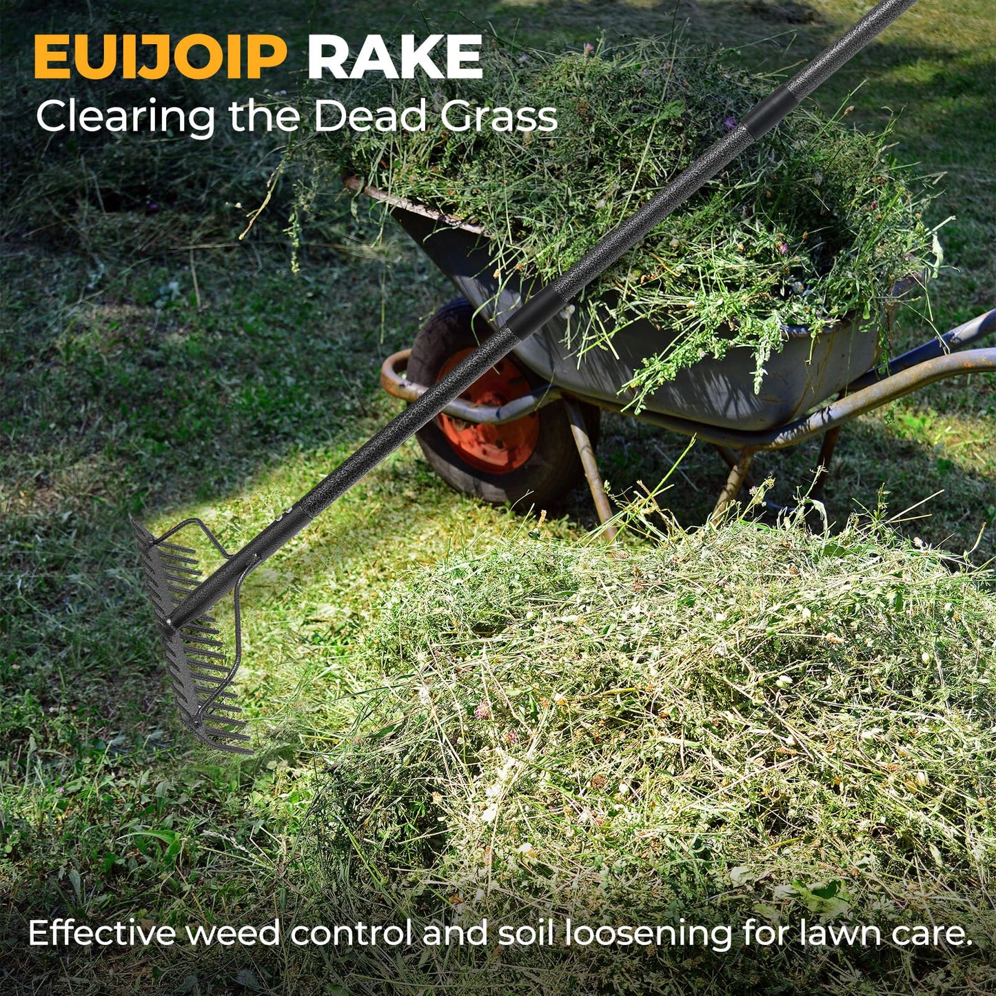 49" Rake - 17" Extra Wide Garden Tool with Double-Sided Head, Heavy Duty Lightweight Stainless Steel Construction for Mulching & Debris Removal, Leveling Lawn, Loosening Soil, Leaf Cleanup, Soil Prep