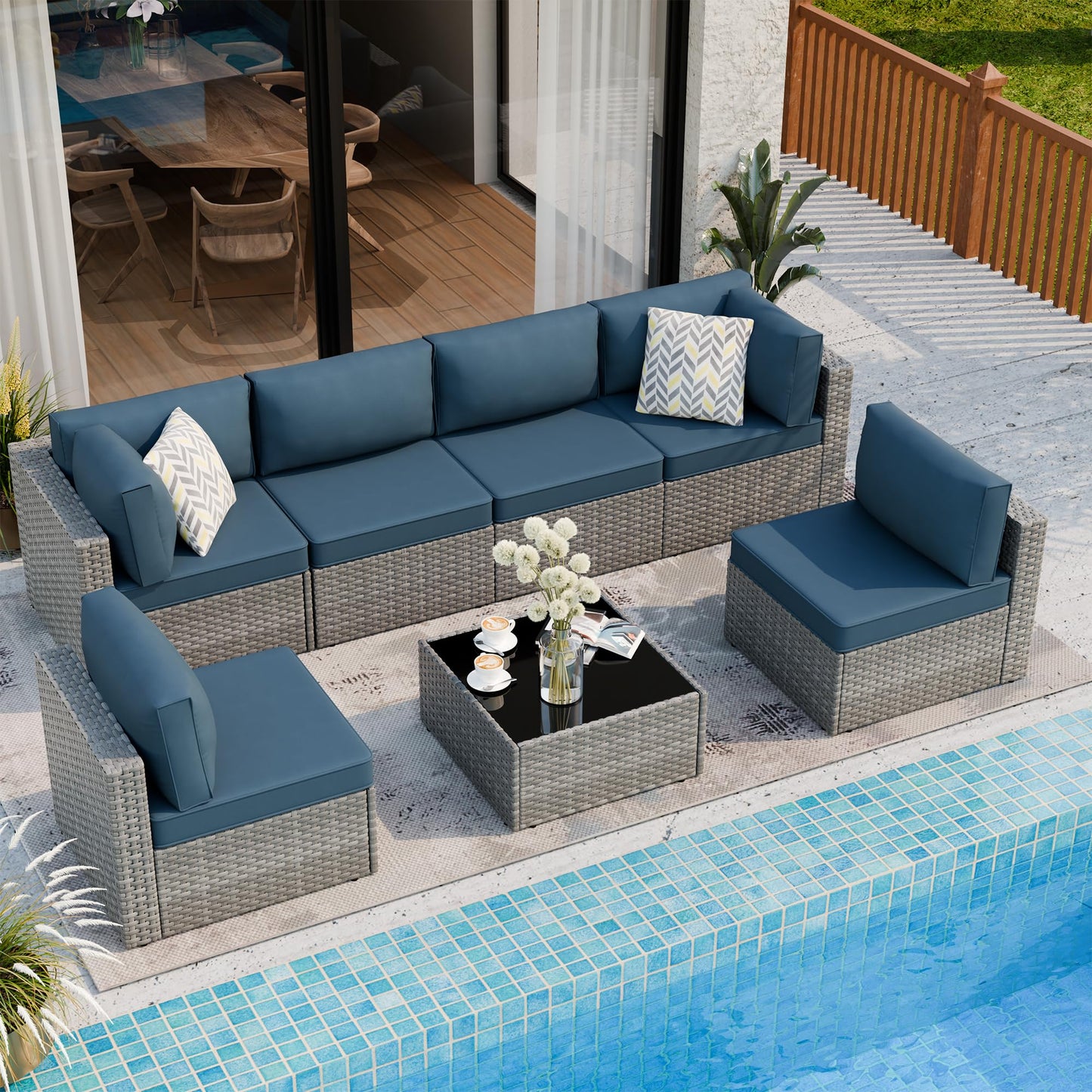 Shintenchi 7 Pieces Outdoor Patio Furniture Sets, Patio Sectional Sofa Couch, Silver Gray PE Wicker Furniture Modular Patio Conversation Sets Patio Sofa with Washable Cushions (Aegean Blue)