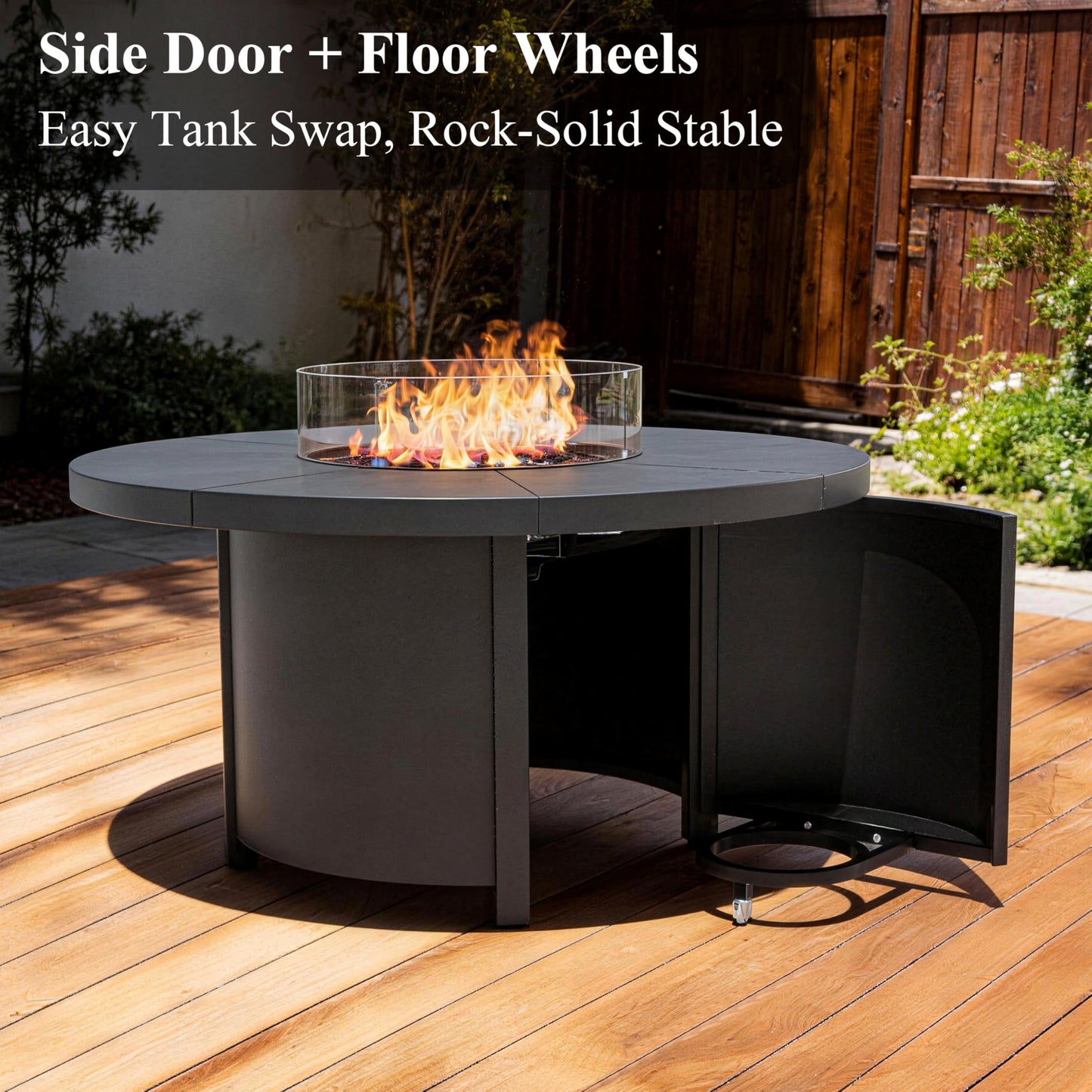 ASJMR 48 Inch Round Propane Fire Pit Table, 55000 BTU Auto-Ignition Gas Fire Pit with Steel Tabletop, Adjustable Flame, Windshield, Lid & CSA Certification for Patio Backyard Garden