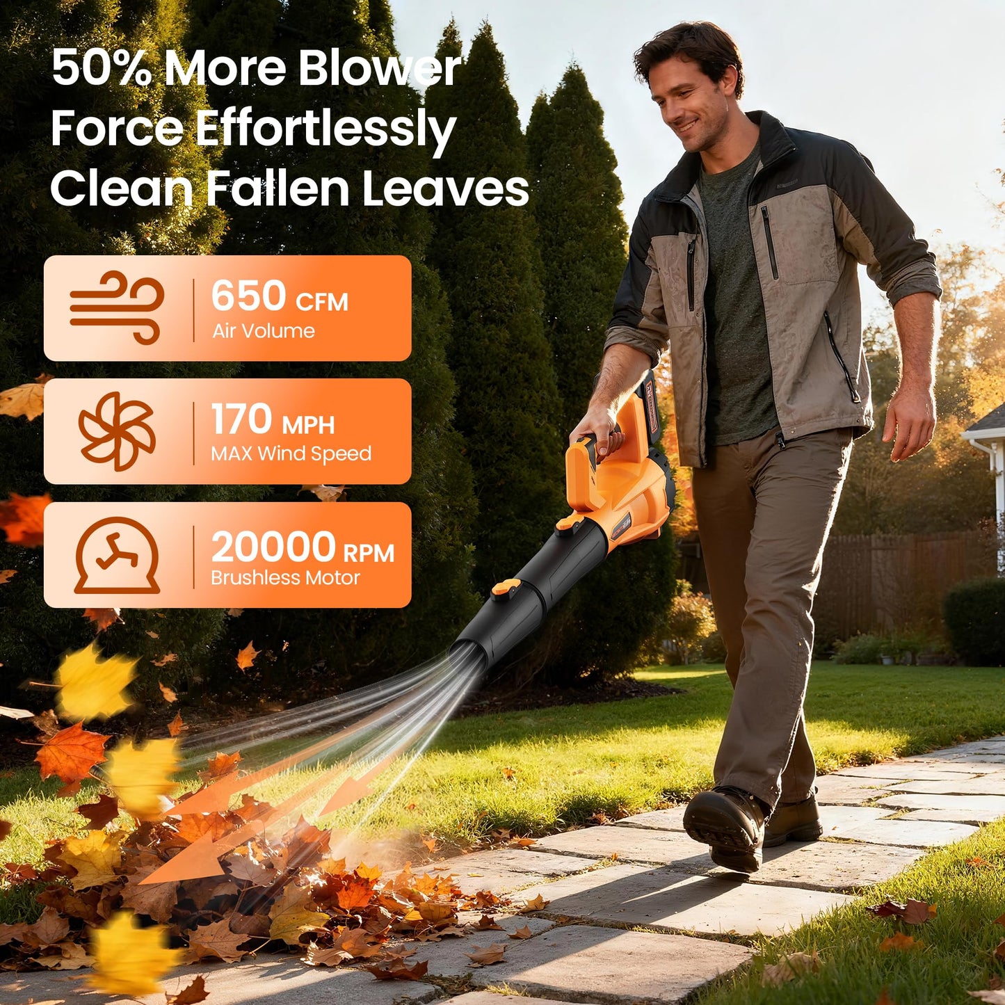 Leaf Blower Cordless, 650 CFM/170 MPH, 6-Speed Levels with 2 X 4.0Ah Battery, Handheld Leaf Blower, Electric Blowers for Lawn Care, Garden, Yard (Yellow & 2 Battery)