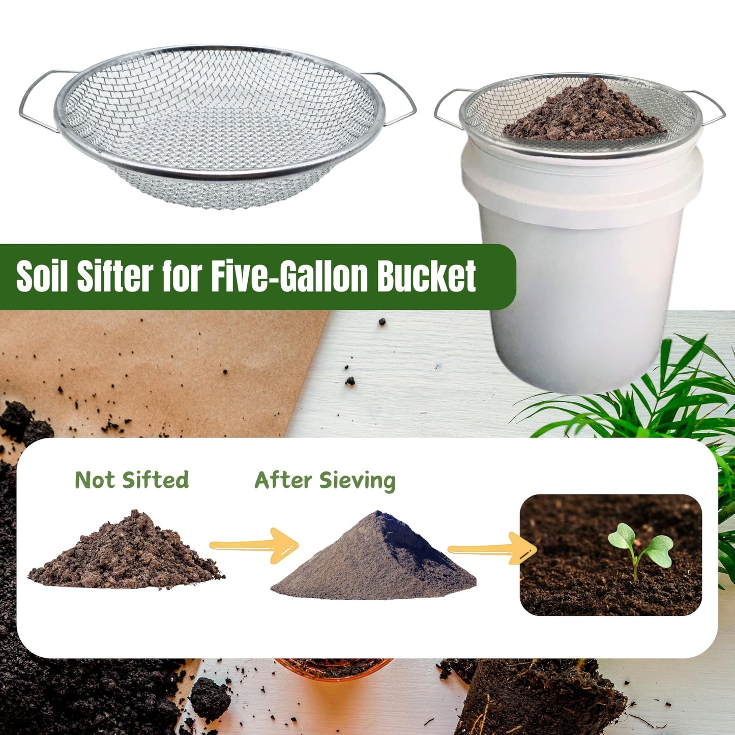2PCS Soil Sifter for Gardening, Rock Sifter for 5gallon Bucket, Dirt Sifter Compost Sifter, Sifter for Gravel Sawdust Vermicompost, 3mm, 6mm Soil Sifter with Handle