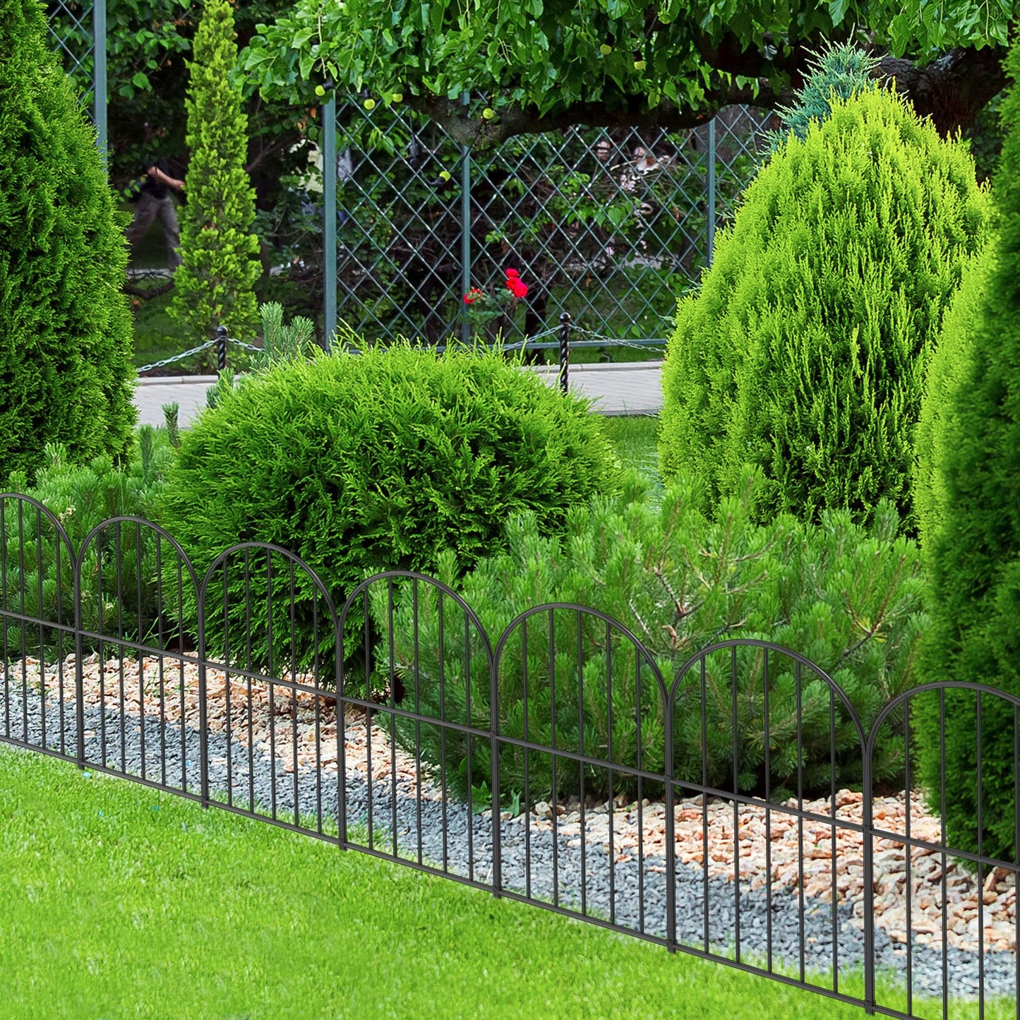 OUSHENG Small Decorative Garden Fence, 29ft (L) x 16.5in (H) Fencing, Rustproof Metal Wire Panel Border Animal Barrier for Dog, Flower Plant Edging for Yard Backyard Outdoor, Arched