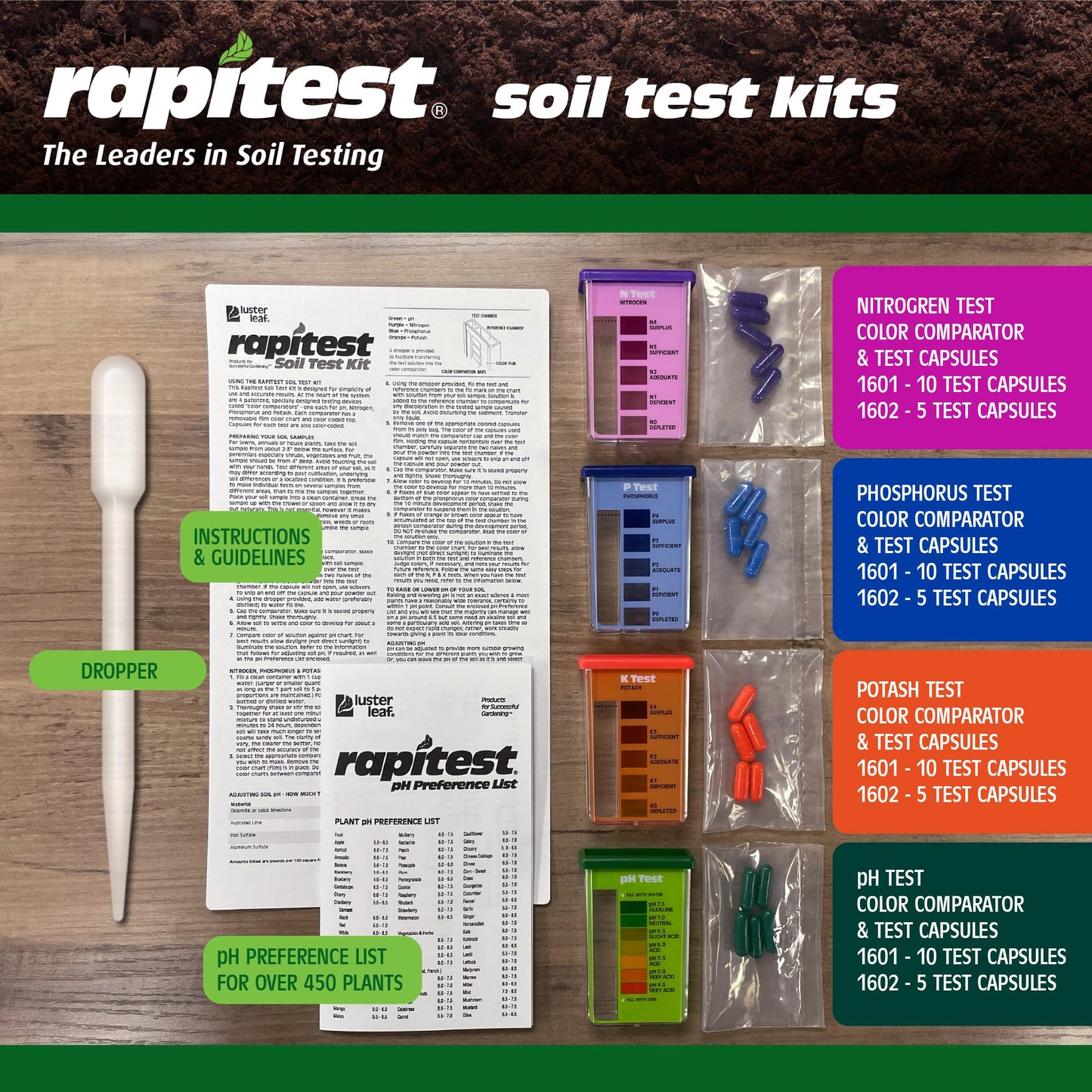 Rapitest Soil Test Kit for Gardens, Vegetables, Flowers and Lawns. USA designed and assembled soil tester completely, quickly and accurately measures/analyzes soil pH acidity and garden nutrients