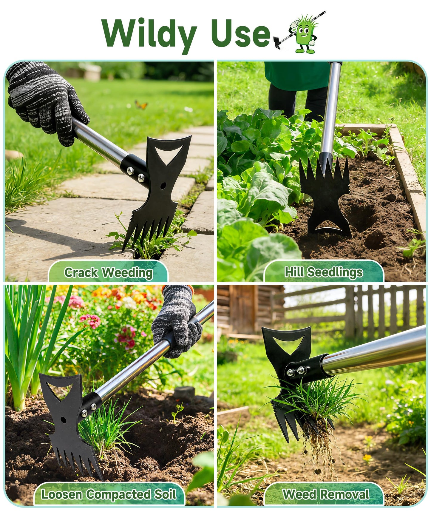 Nelyeqwo 71in Weed Puller Tool with Long Handle, 2 in 1 Adjustable Manual Weeders for Uprooting, Heavy Duty Hand Weed Rake and Garden Hoe with Gloves for Gardens, Lawns, Yards