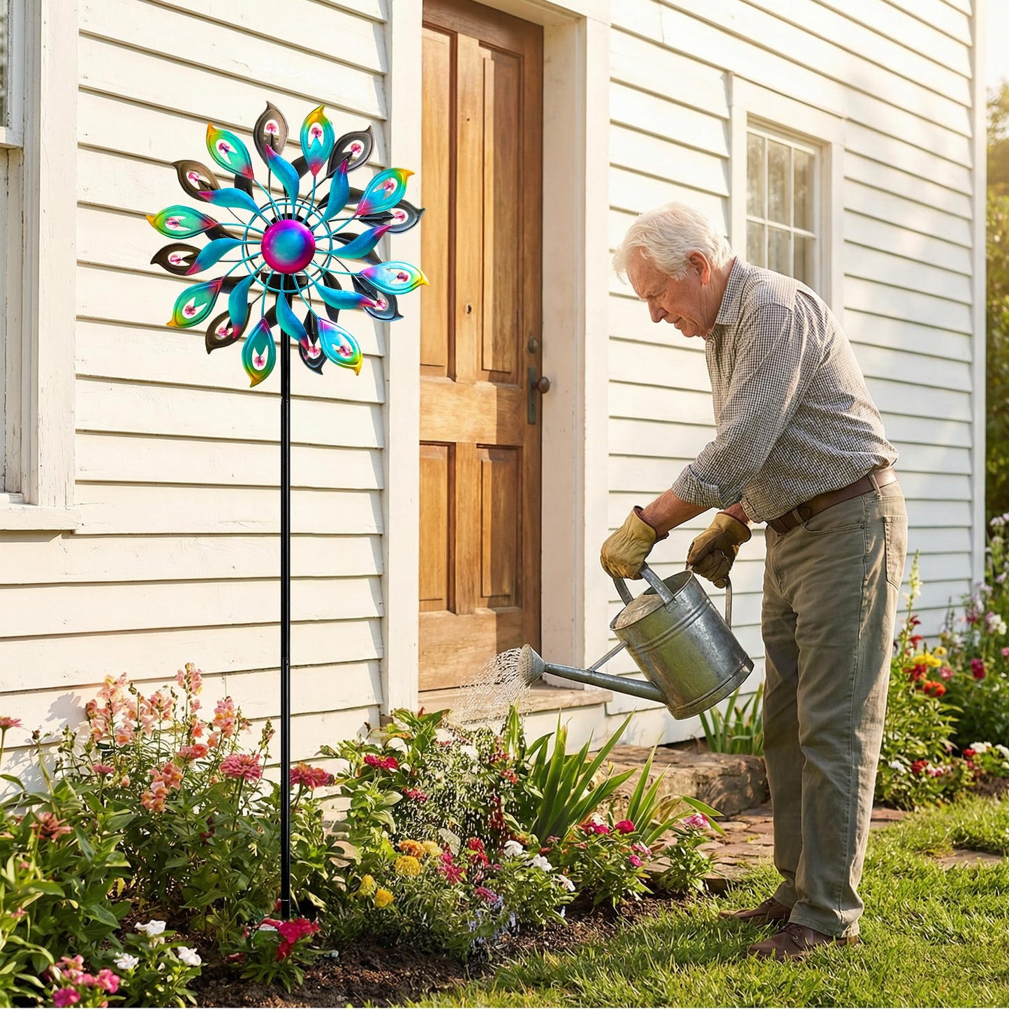 360°Peacock Solar Wind Spinner with Lights Blue Metal Garden Outdoor Decor Yard Lawn Art Decor for Patio Kinetic Windmills Unique Gifts for Friends and Family 51.9' H x 12.2'' Dia