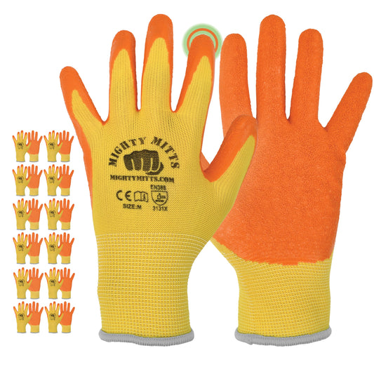 Mighty Mitts Work Gloves for Men and Women, 12 Pairs – Textured Grip, Touchscreen Compatible, Lightweight & Breathable Safety Gloves for Warehouse, Construction, Gardening, Landscaping – Large