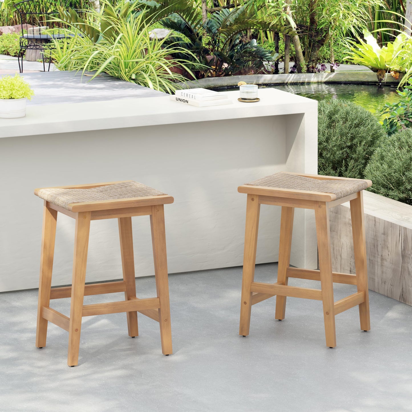 Christopher Knight Home Lily Set of 2 Patio Barstool, Acacia Wood & Woven Rope Outdoor Counter Stool with Footrest, Backless Wooden Barstool Chairs for Backyard Balcony Garden, Beige + Teak