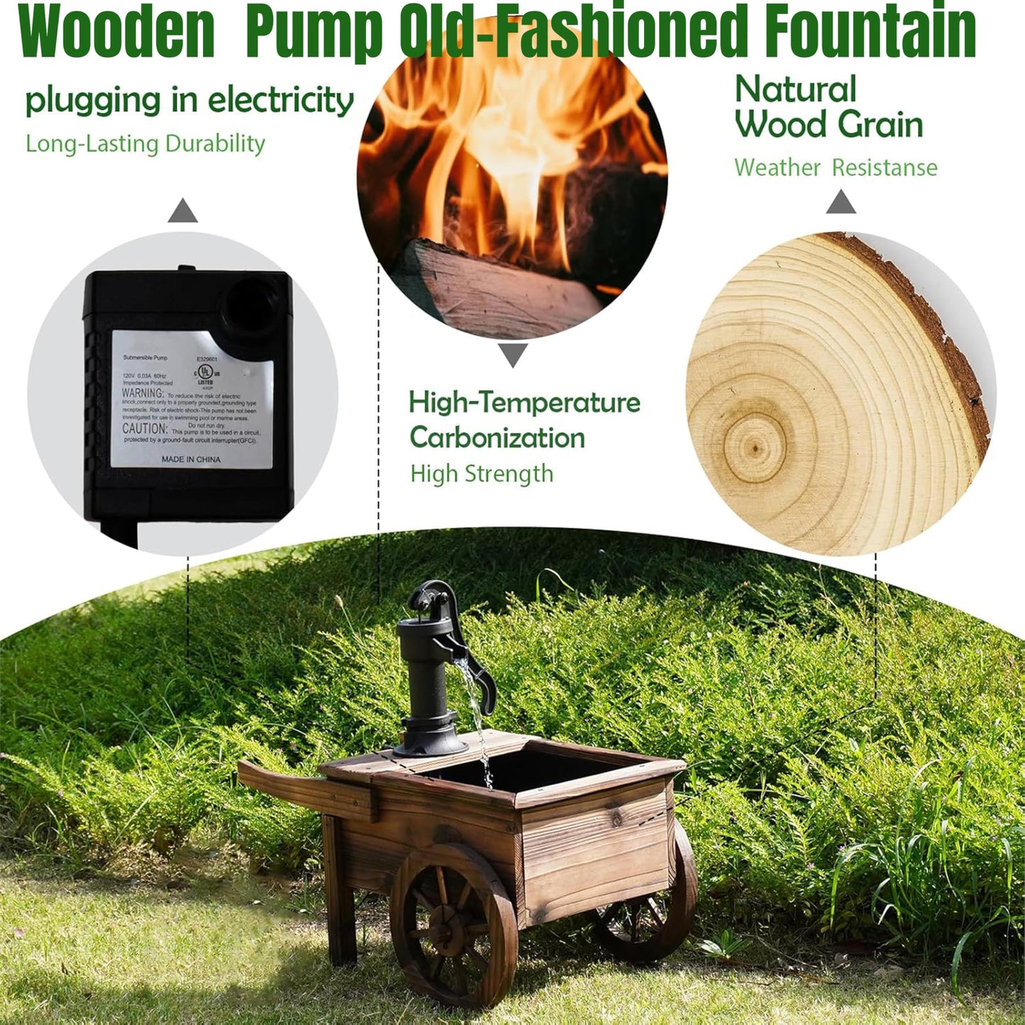NestNature Outdoor Water Fountain,Wooden Wagon Wheel Pump Old-Fashioned Fountain,Electric Decorative Hand Pump, Outdoor Water Feature for Patio, Garden & Indoor Decoration