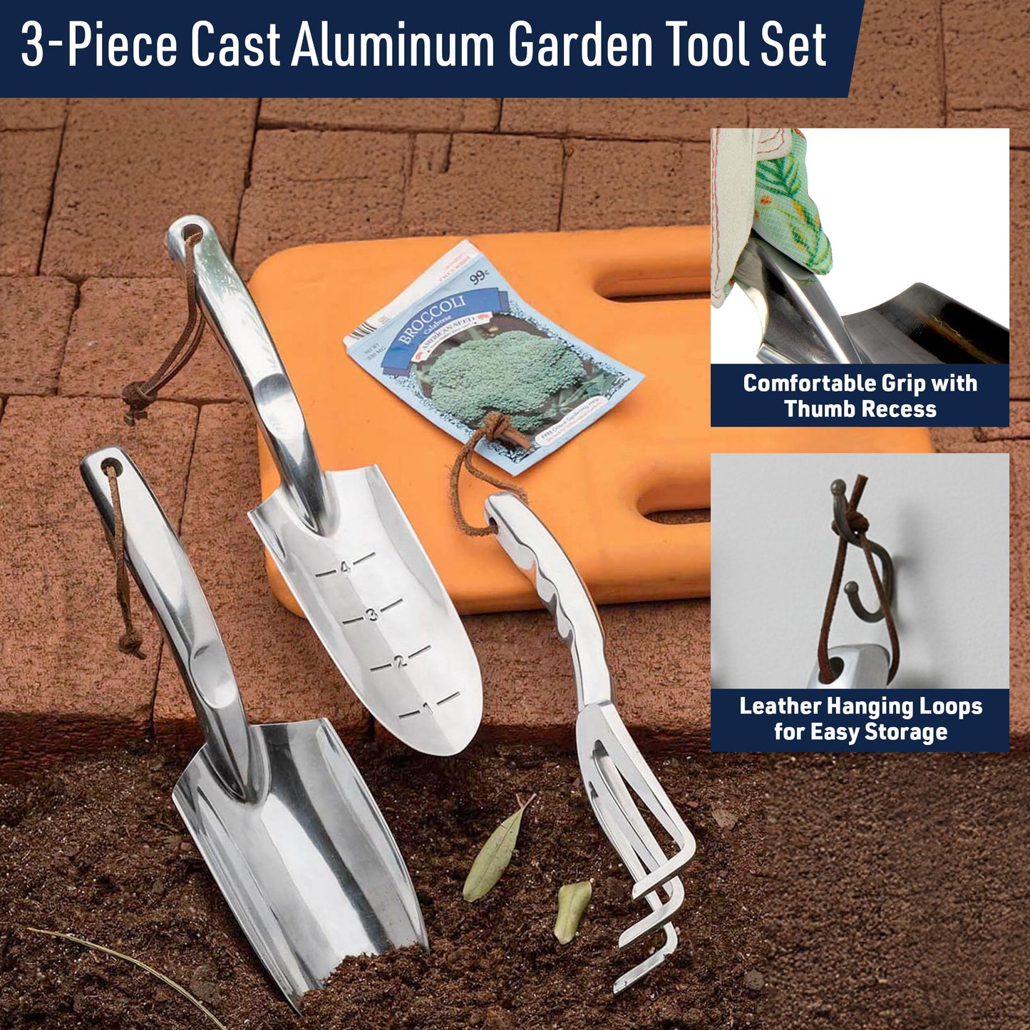Hand Gardening Tools 3 Pack with Cultivator Hand Rake, Transplanting Shovel, and Garden Trowel for Planting - Heavy Duty Cast Aluminum Garden Tool Set with Ergonomic Handles by Kings County Tools
