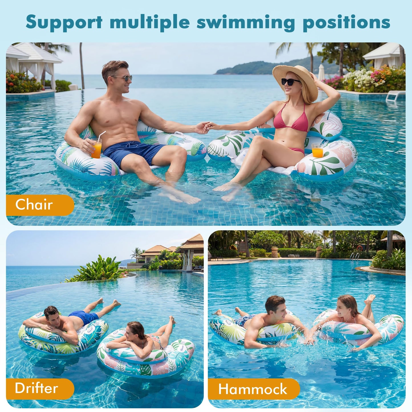 3 Pack Pool Floats Adult, OKSUWATER Pool Floaties with Two Cup Holders & Handles, Inflatable Pool Floats Chairs, Lake Floats Applies to Swimming Pool Party Summer Lake Water Fun