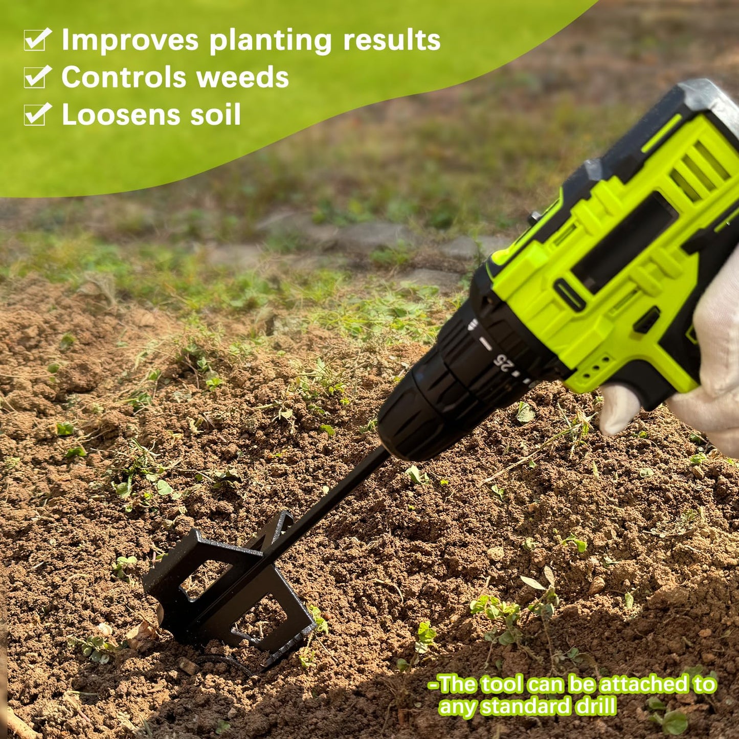 4-in-1 Soil Cultivator Garden Handheld Drill Tiller Attachment, Loosener Tool and Soil Digger for Planter Boxes and Raised Garden Beds, Planter Auger Compatible with 3/8" Hex Drive Drill