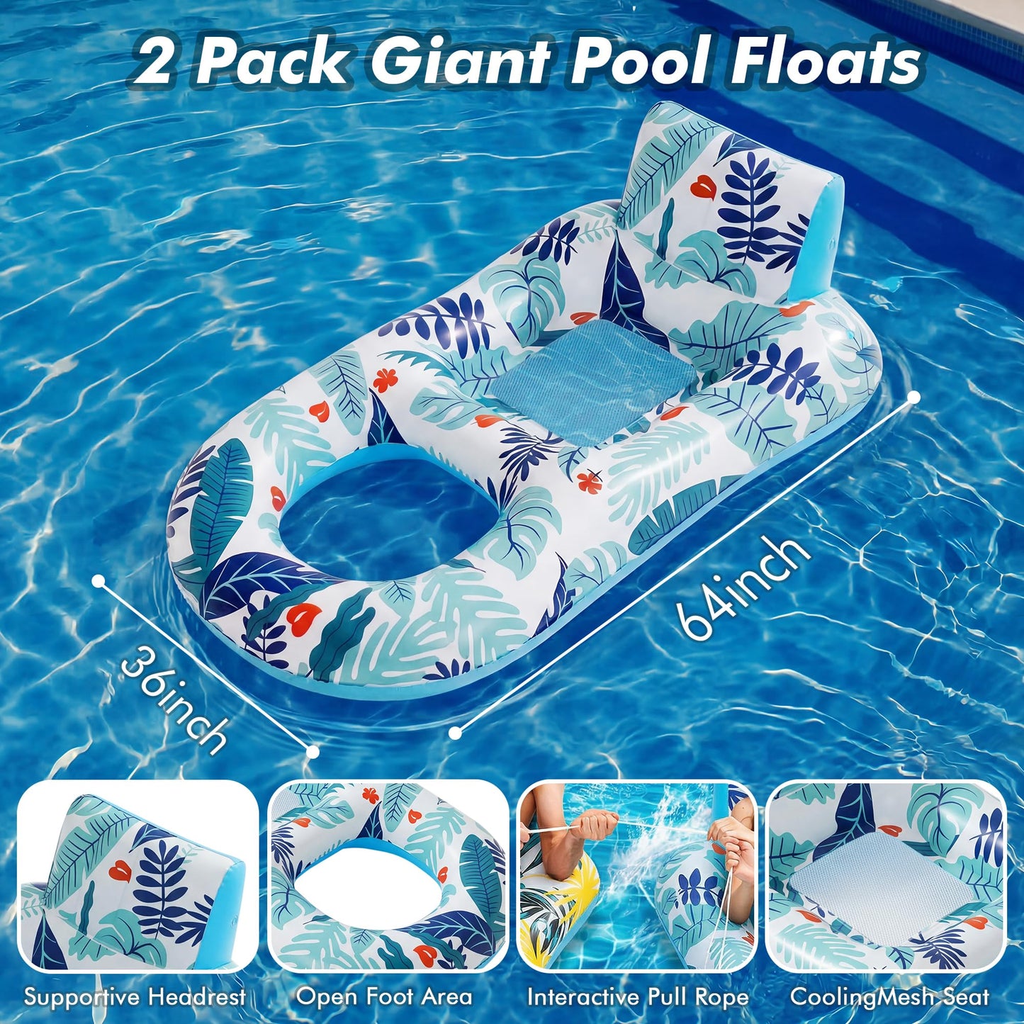 2 Pack Inflatable Heavy Duty Pool Floats Lounger, Giant Pool Floats Adult Size with Backrest & Footrest, Pool Rafts Floaties for Beach Lake Party - Multicolor