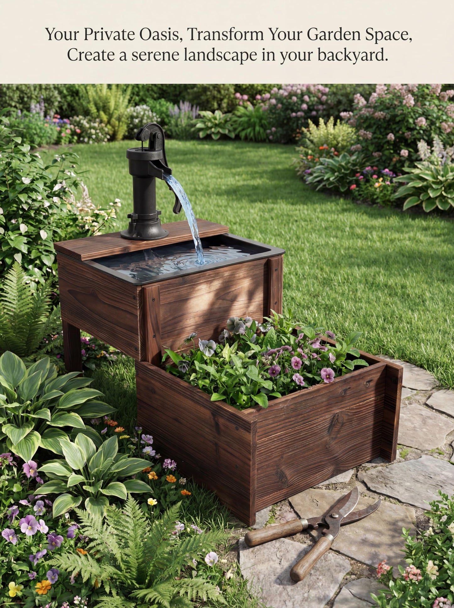 Borsynium,Outdoor Water Fountain，Floor Wooden Rectangular Double-Layer Old-Fashioned Pump Fountain with Flower Box，Plug-in Electric Decorative Hand Pump,Outdoor Water Feature for Garden Patio Backyard