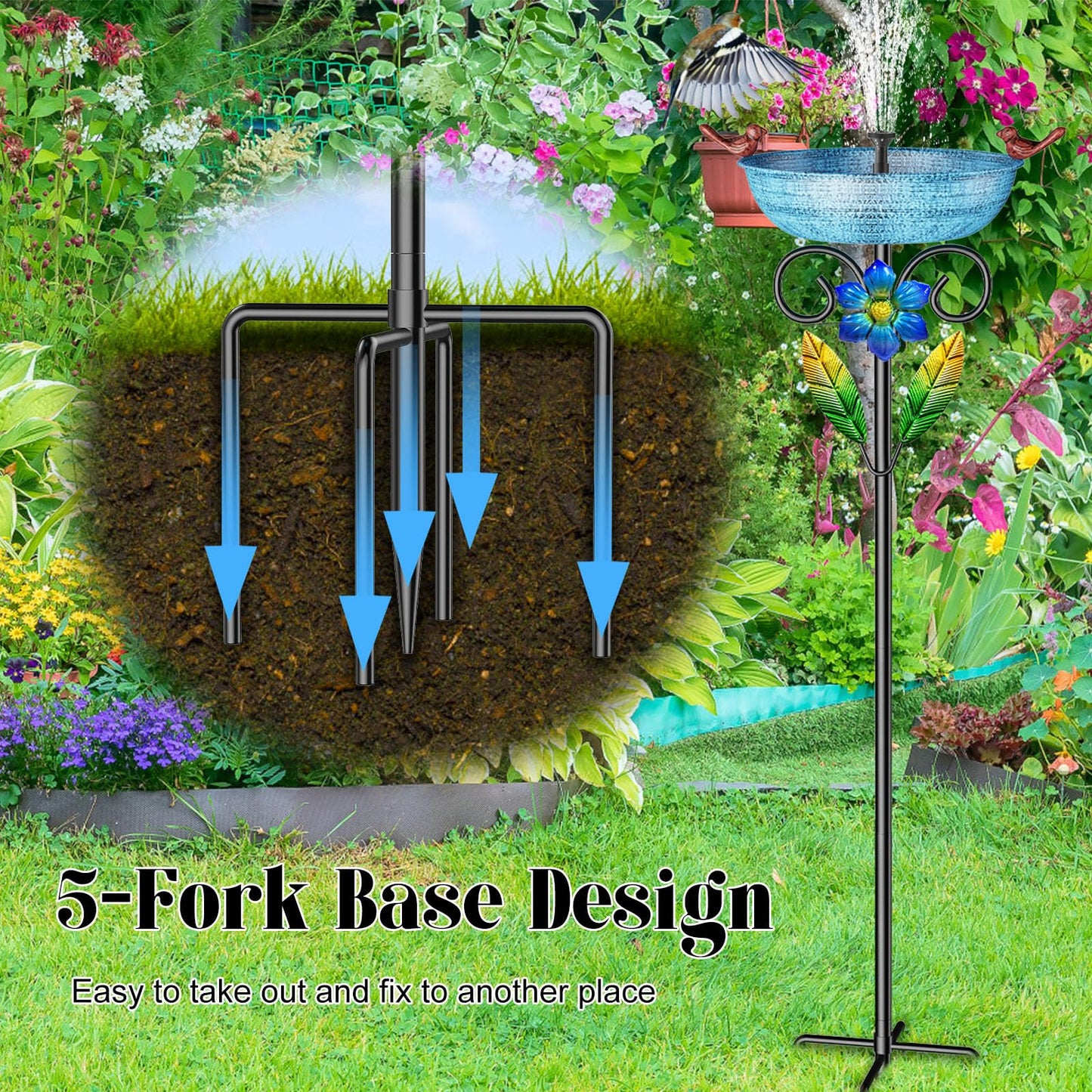 SHUONIVS Metal Bird Bath for Outside, Freestanding Birdbaths Detachable Decoration Spa Birdfeeder, Bird Baths Feeder Bowl for Outdoors Garden Patio Yard Lawn Decor (Blue+Flower)