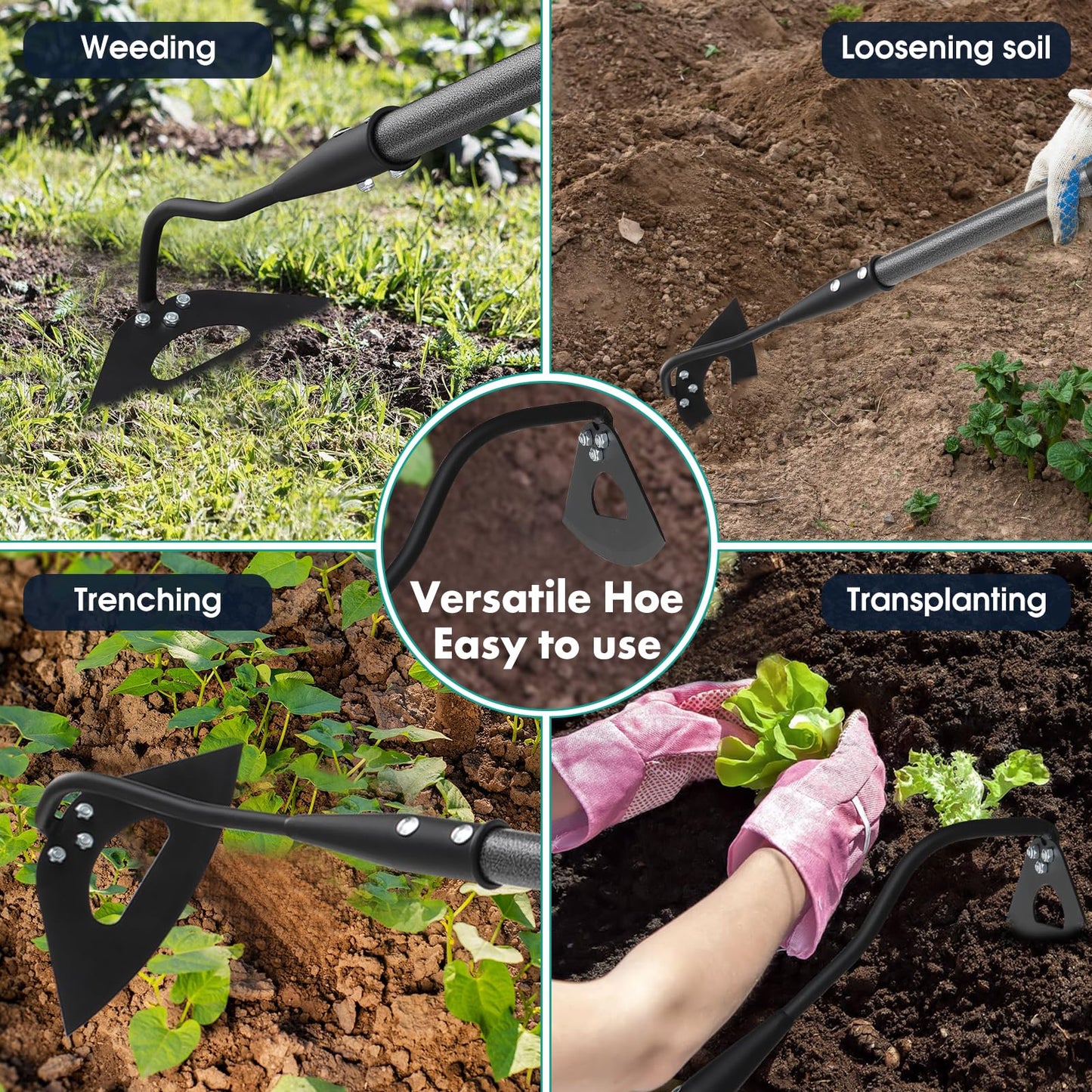 VUGHIUA Hoe Garden Tool, 69 Inch Hardened Hollow Eye Hoes for Weeing, Heavy Duty Weeding Tool with Splicing Adjustable Long Handle, Rustproof Metal Gardening Tools for Garden Flower Beds
