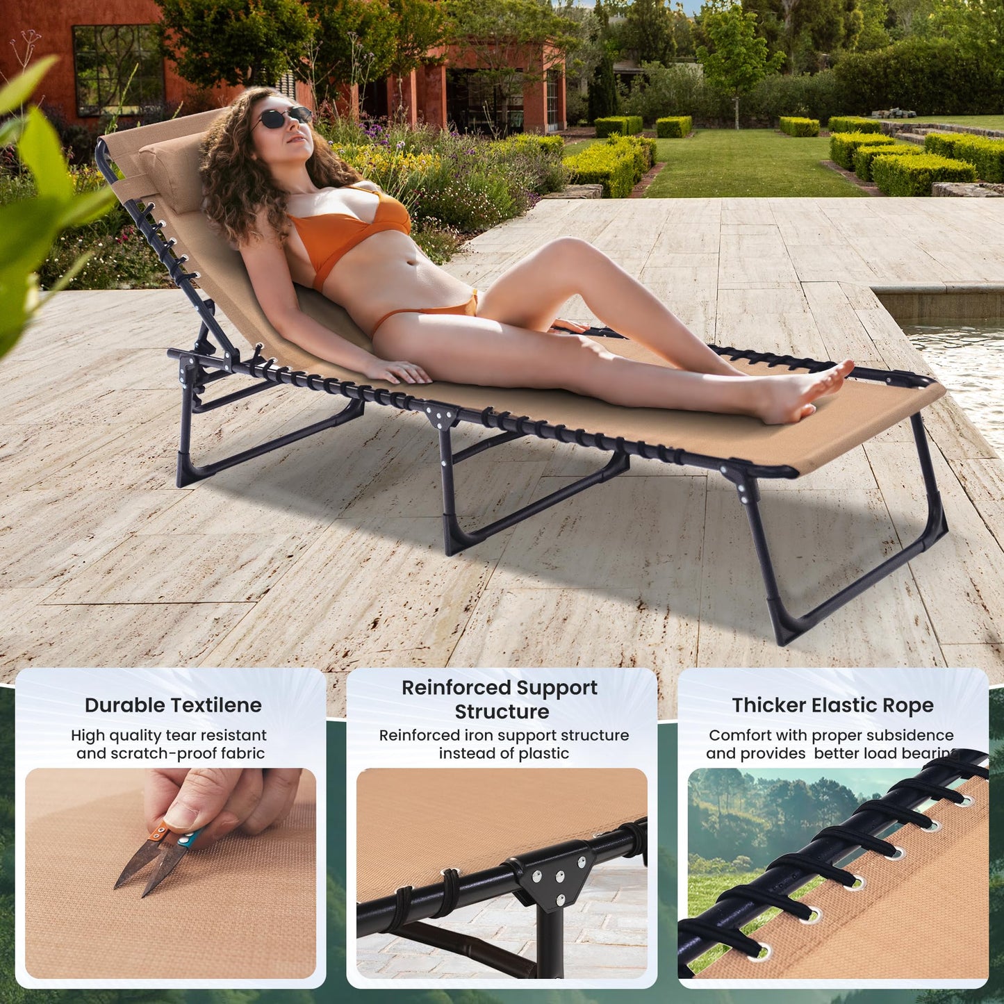 Foristrail 2 Pack Folding Chaise Lounge Chair 5-Position Adjustable Outdoor Recliner 400LB Capacity Portable Patio Camping Beach Pool Sunbathing Lounger with Pillow, Light Beige
