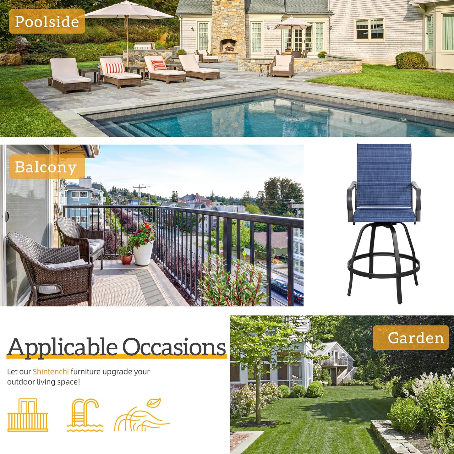 Shintenchi 4 Piece Patio Swivel Bar Chairs, All Weather Padded Textile Outdoor Metal Bar Stools Patio Chairs Set of 4, High Top Bistro Set Furniture for Balcony, Backyard, Lawn Garden, Deck, Deep Blue