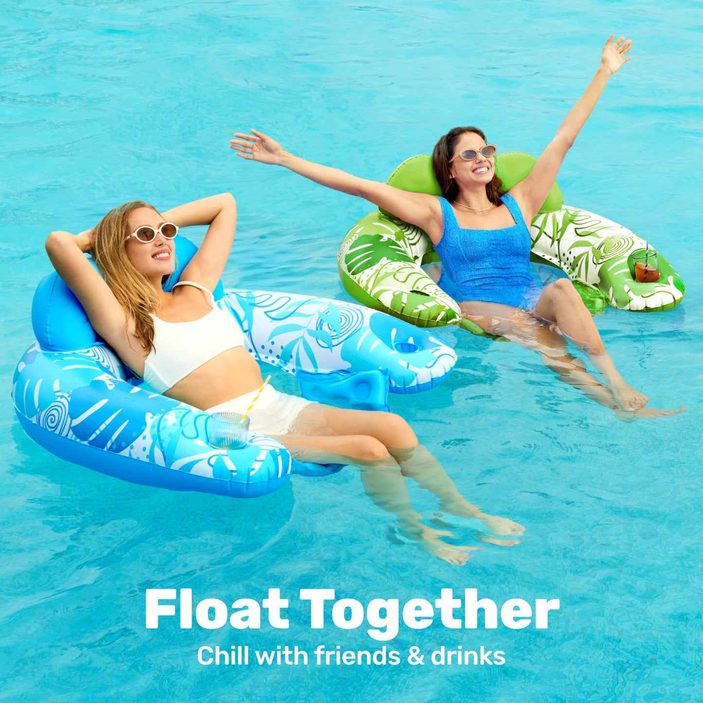 SLOOSH Inflatable Pool Floats Adult,2 Pack Pool Chairs with Cup Holders,X-Large Blow up Floats Chair,Hammock Noodle Mat Leaves Design for Relaxing Summer Water Fun Swimming Party Beach,Blue,Green