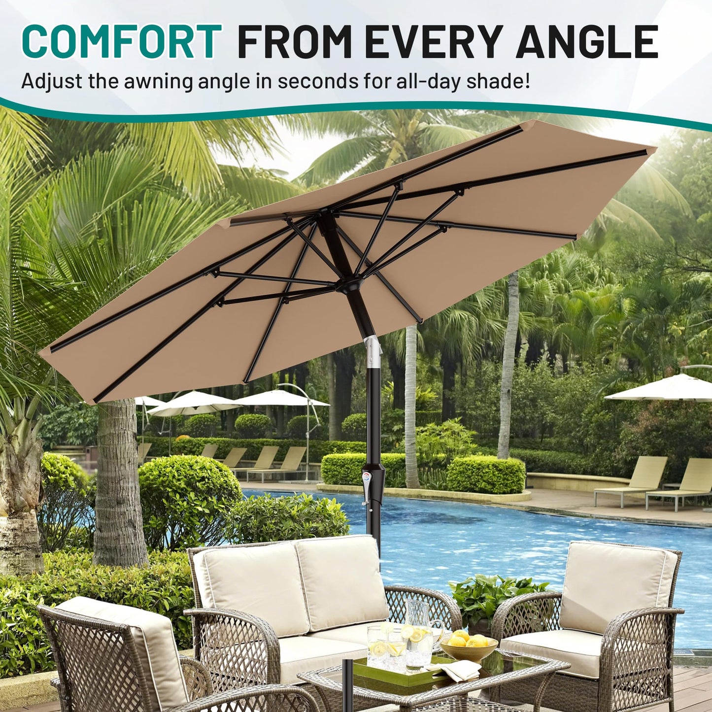 AreShark 9 FT Patio Umbrella for Outdoor, Outdoor Table Umbrella with Push Button Tilt and Crank, Outdoor Patio Umbrellas with 8 Sturdy Ribs for Market, Garden, Pool (Beige)