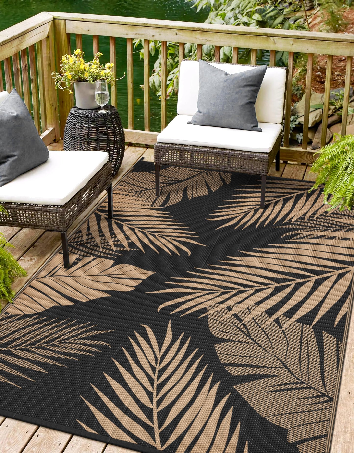 sarben Outdoor Rug 8’x10’ Waterproof for Patio Clearance, Reversible Indoor Outdoor Plastic Straw Camping Rug Carpet, RV Mat, Large Area Rug for Deck, Backyard, Balcony, Porch, Beach, Black & Brown