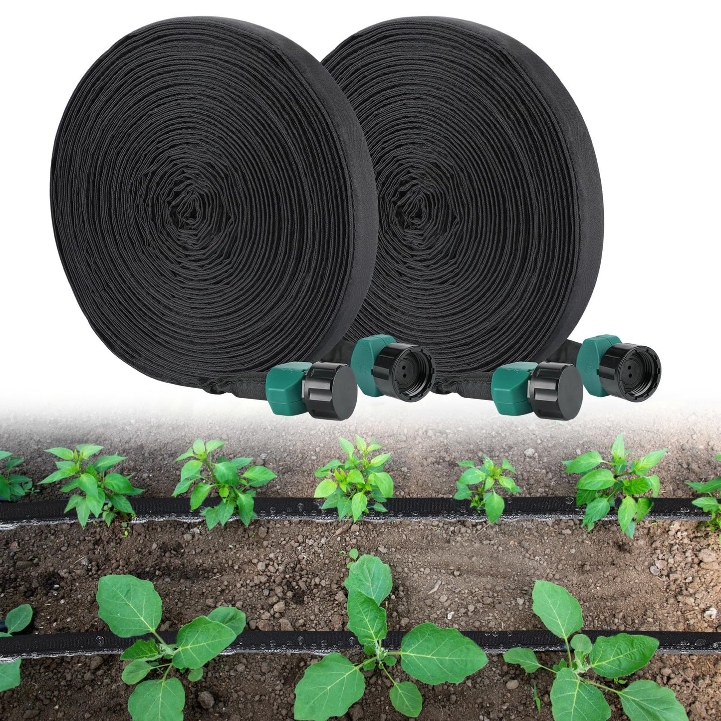 Soaker Hose 100FT for Garden Beds - 3/4" Heavy Duty Double Layer Drip Irrigation Hose, Save 85% Water, Linkable Flat Soaker Hose for Lawn Flower Bed Vegetable Field Effective Watering (50FT x 2Pack)