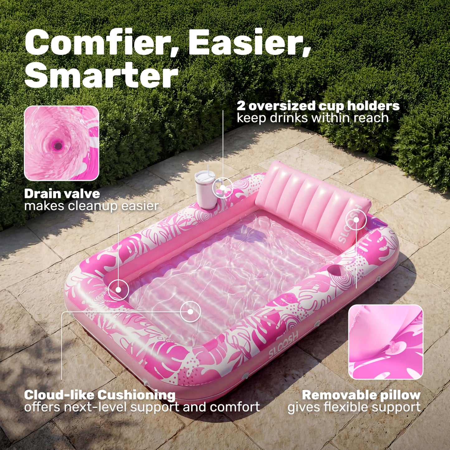 SLOOSH Inflatable Tanning Pool Lounger Float, 85" x 57" Extra Large Pool Floats Adult with Pillow, 4 in 1 Suntan Tub Raft Floatie,Sunbathing Bed Lounge for Water Blow Up Ball Pit, XL-Blushing Pink