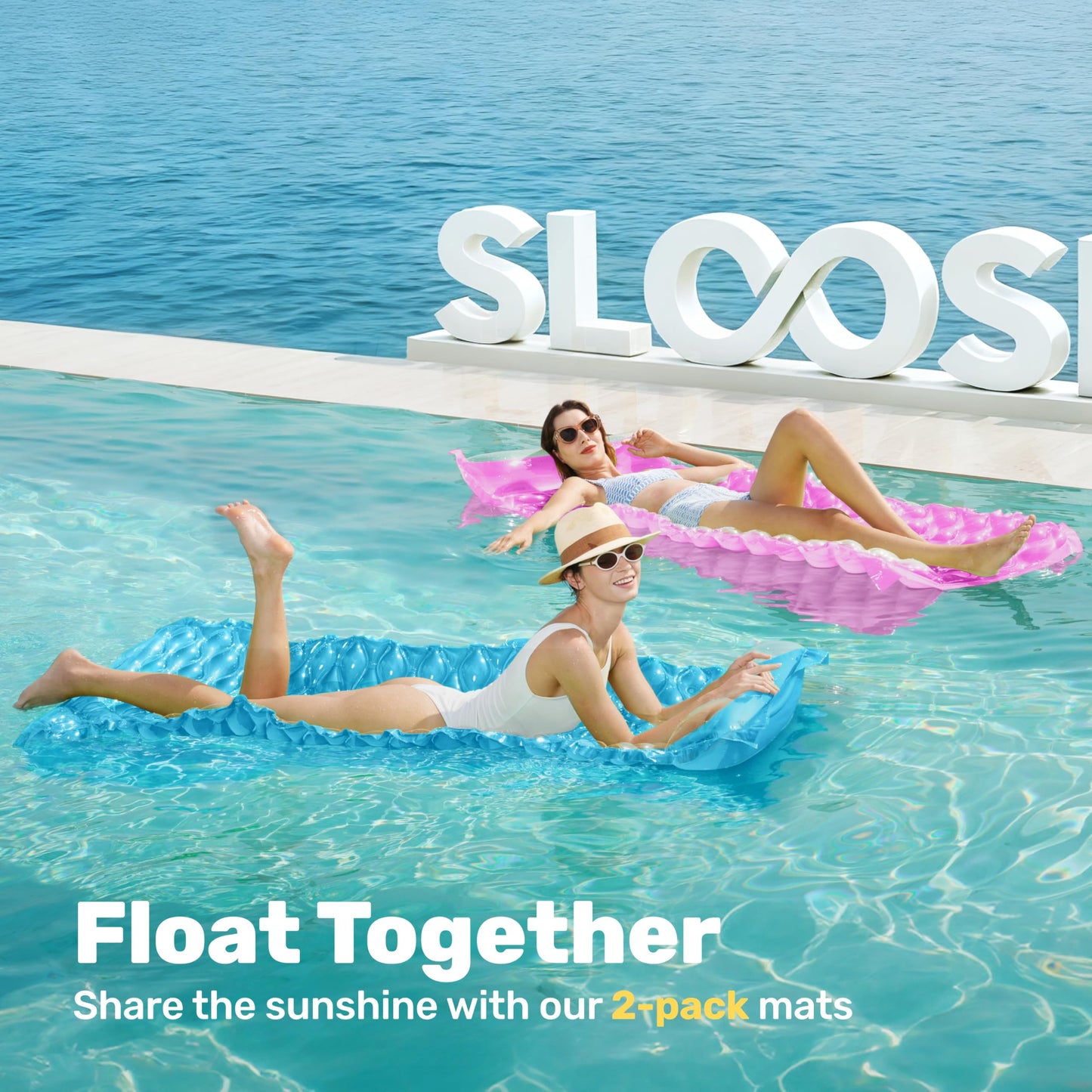 SLOOSH Inflatable Pool Floats Raft,Floating Lounge for Adults,64x32 inch Swimming Mat Pool Mattress with Headrest,2 Pieces Float Air Mat for Summer Water Beach Fun,Blue,Purple