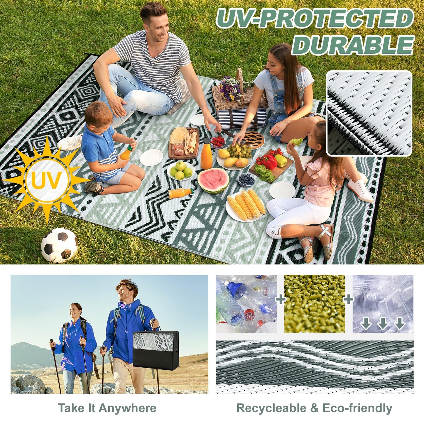 Lahome Outdoor Rug 8x10 Patio Waterproof, Reversible Outdoor Plastic Straw Rug for Camping, RV Patio Rugs Outside Large Carpet for Porch Deck Backyard Picnic(Grey/Black,8'x 10')
