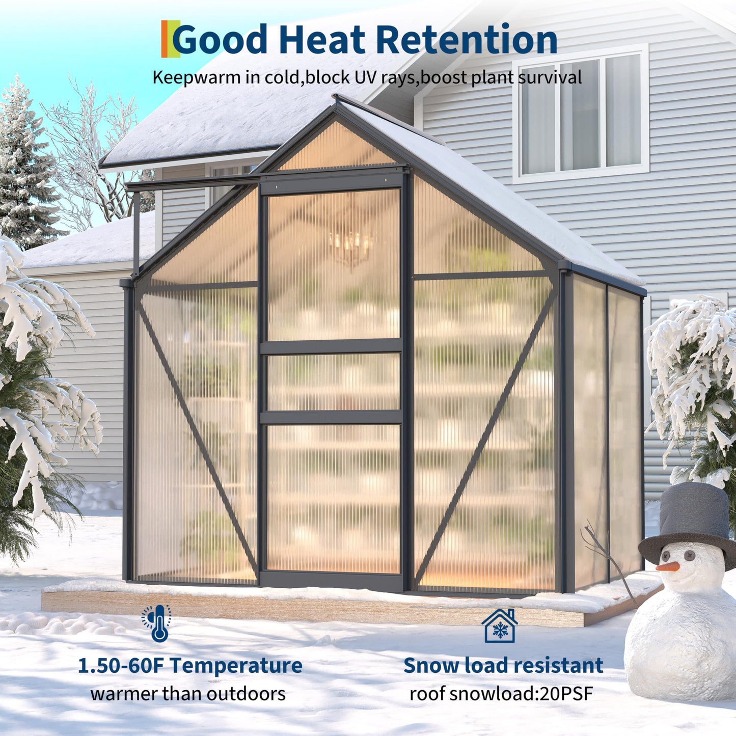 GarveeHome 6x4 FT Walk-in Polycarbonate Greenhouse - Heavy Duty Aluminum Frame with Base Kit, 4mm Double-Wall UV Protected Panels, 5-Position Adjustable Roof Vent & Sliding Door, Winter Plant House