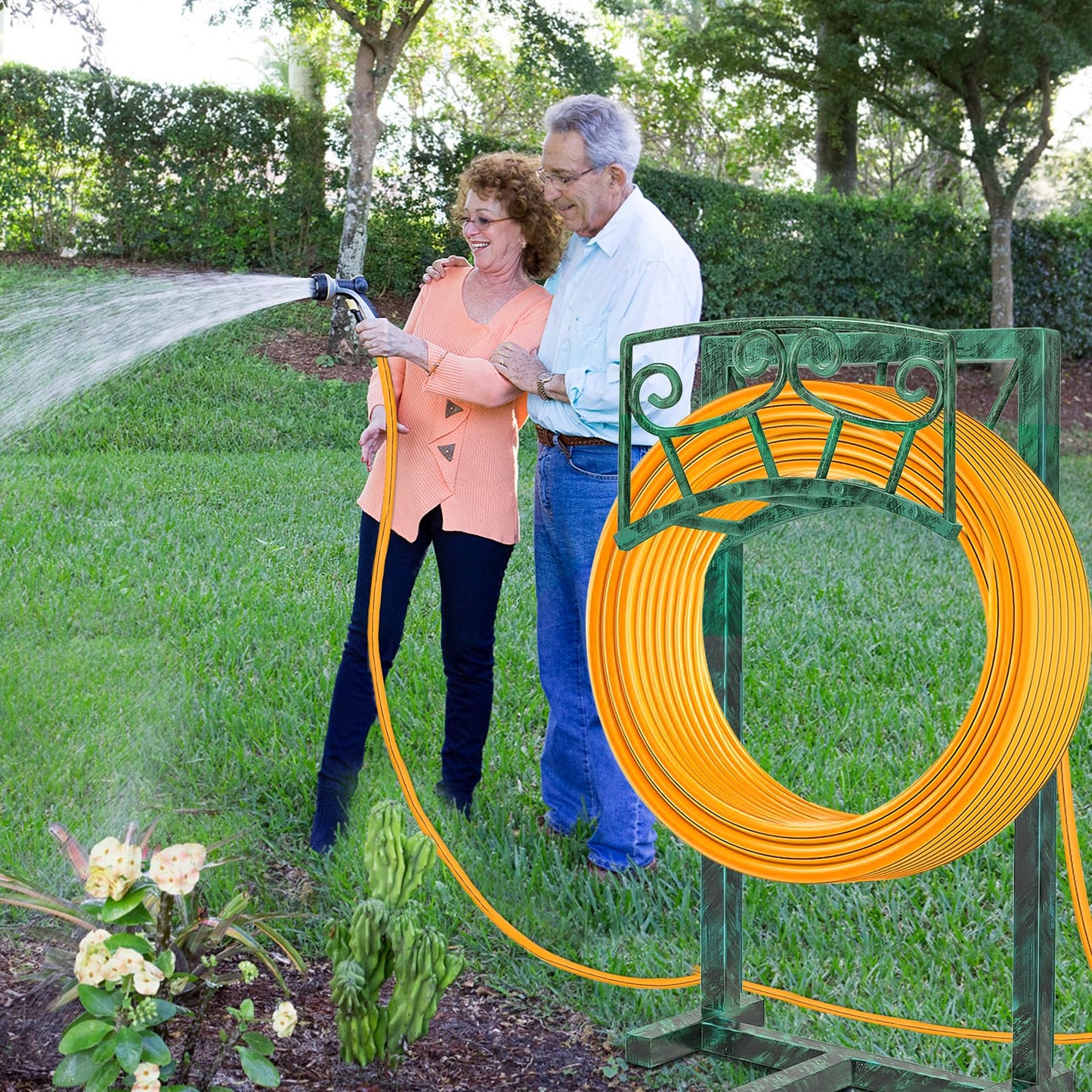 Garden Hose Holder, Heavy Duty Metal Water Hose Holders Hose Stand with 5 Spikes, Freestanding Hose Storage Rack Hose Hanger Holds 150ft Hose for Outside Yard Lawn Garden Decor (Retro Green)