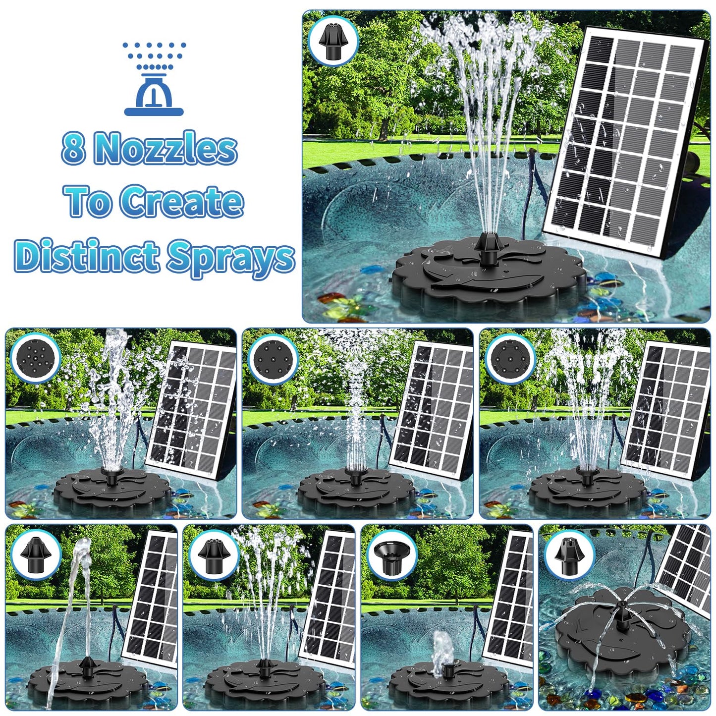 SZMP 3.5W Solar Fountain Pump, All-Glass Panel Solar Water Pump Kit with Stake & 4 Anti-Drift Rods, 9.8FT Cable 8 Nozzles for Bird Bath, Garden, Backyard, Fish Tank