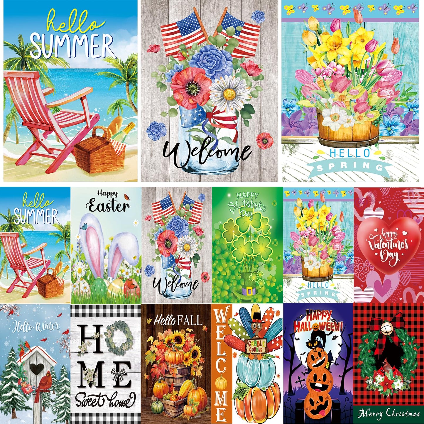 Seasonal Garden Flags Set of 12-Double Sided 12 x 18 Inch Outside Yard Flags, Small Flags for Outside, Holiday Garden Flags for All Seasons, Spring Easter Summer 4th of July Outdoor Flags