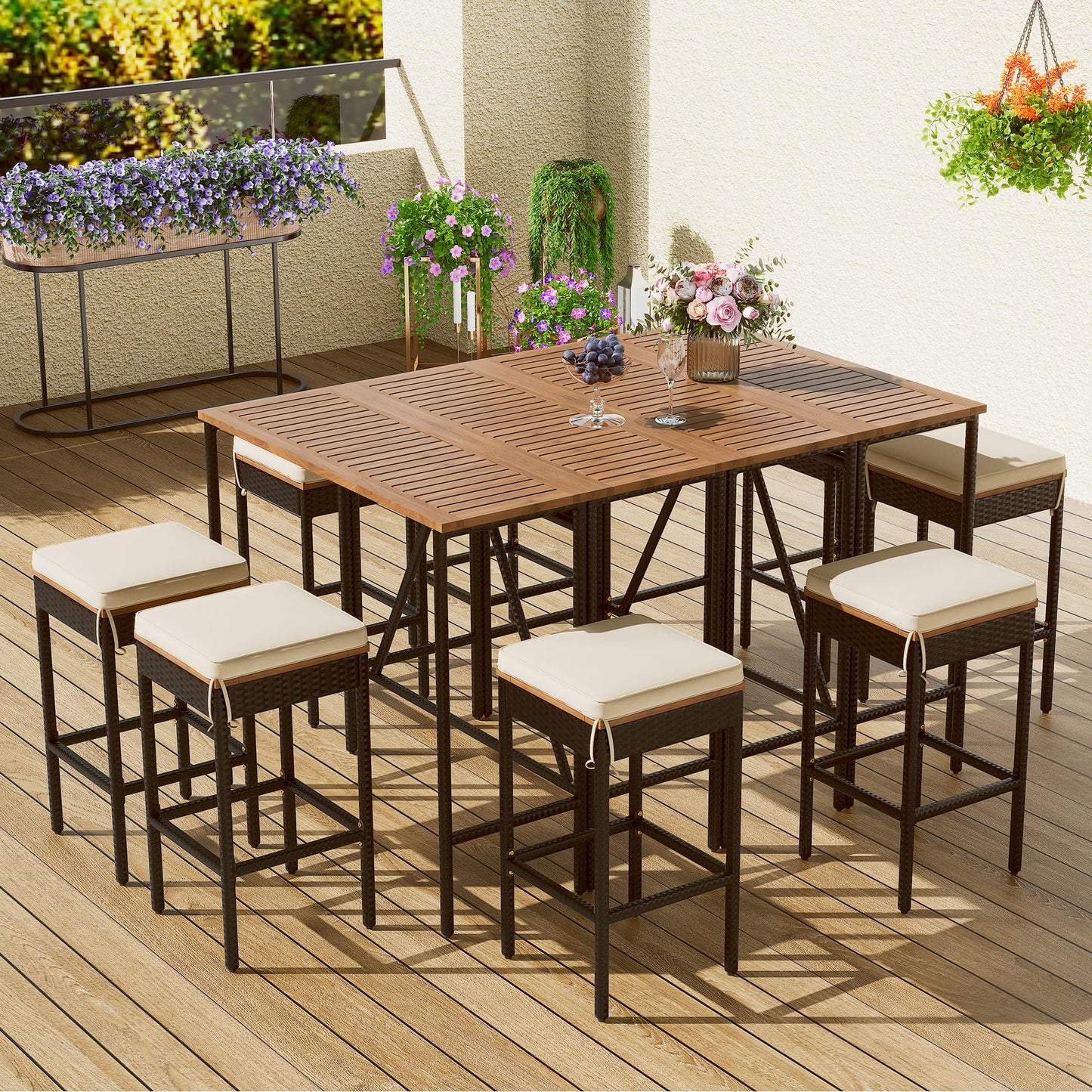 Merax 10-Piece Outdoor Bar Height Table Set with 8 Stools & Cushions, Foldable Acacia Wood & PE Rattan Wicker Patio High-Dining Bistro Set, All-Weather Brown Furniture for Garden, Deck or Backyard