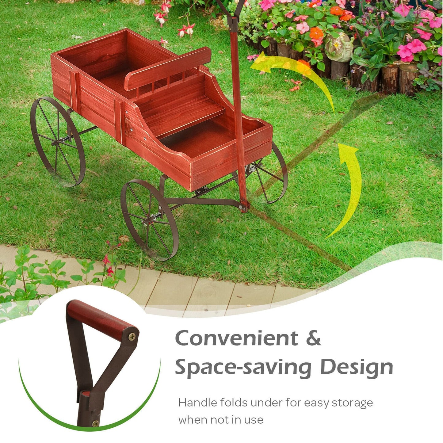 DORTALA Wood Wagon Planter, Outdoor Garden Flower Planter Cart with Wheels, Small Decorative Wood Raised Bed Plant Pot Box Stand for Backyard, Patio, Balcony, Red