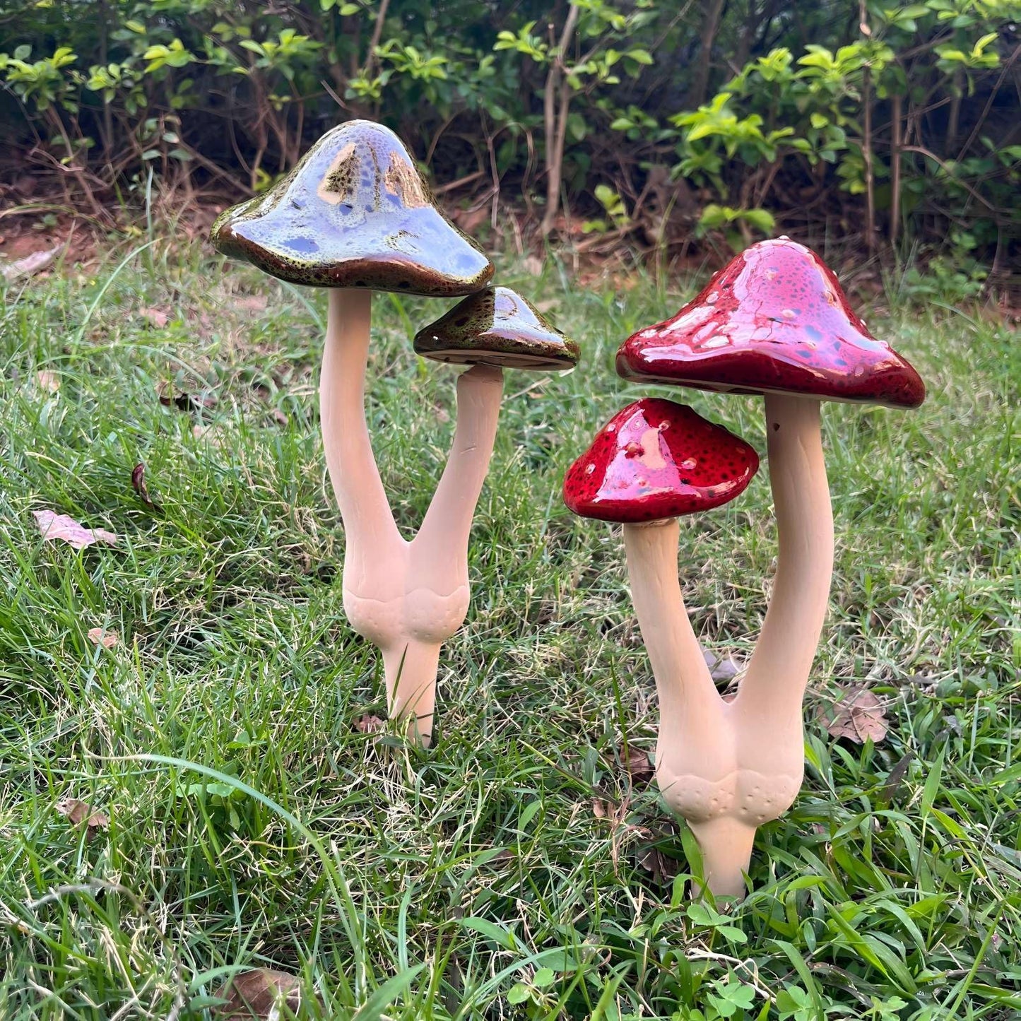 YCCKPPXTT 2pcs Ceramic Mushroom Garden Stake, Fairy Garden Figurines Decoration,Yard Outdoor Mushroom Decor, 11.8" in Height