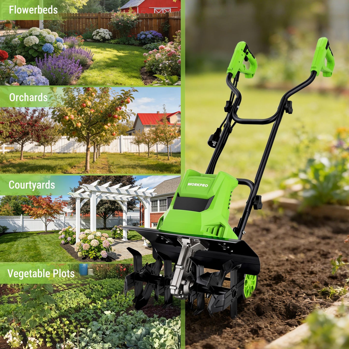 WORKPRO 12.5 Amp Electric Garden Tiller & Cultivator, 16" Tilling Width & 8.7" Depth, 6 Steel Tines, 4-Position Adjustable Wheels, Safety Switch, Corded Rototiller for Garden, Lawn & Flower Beds